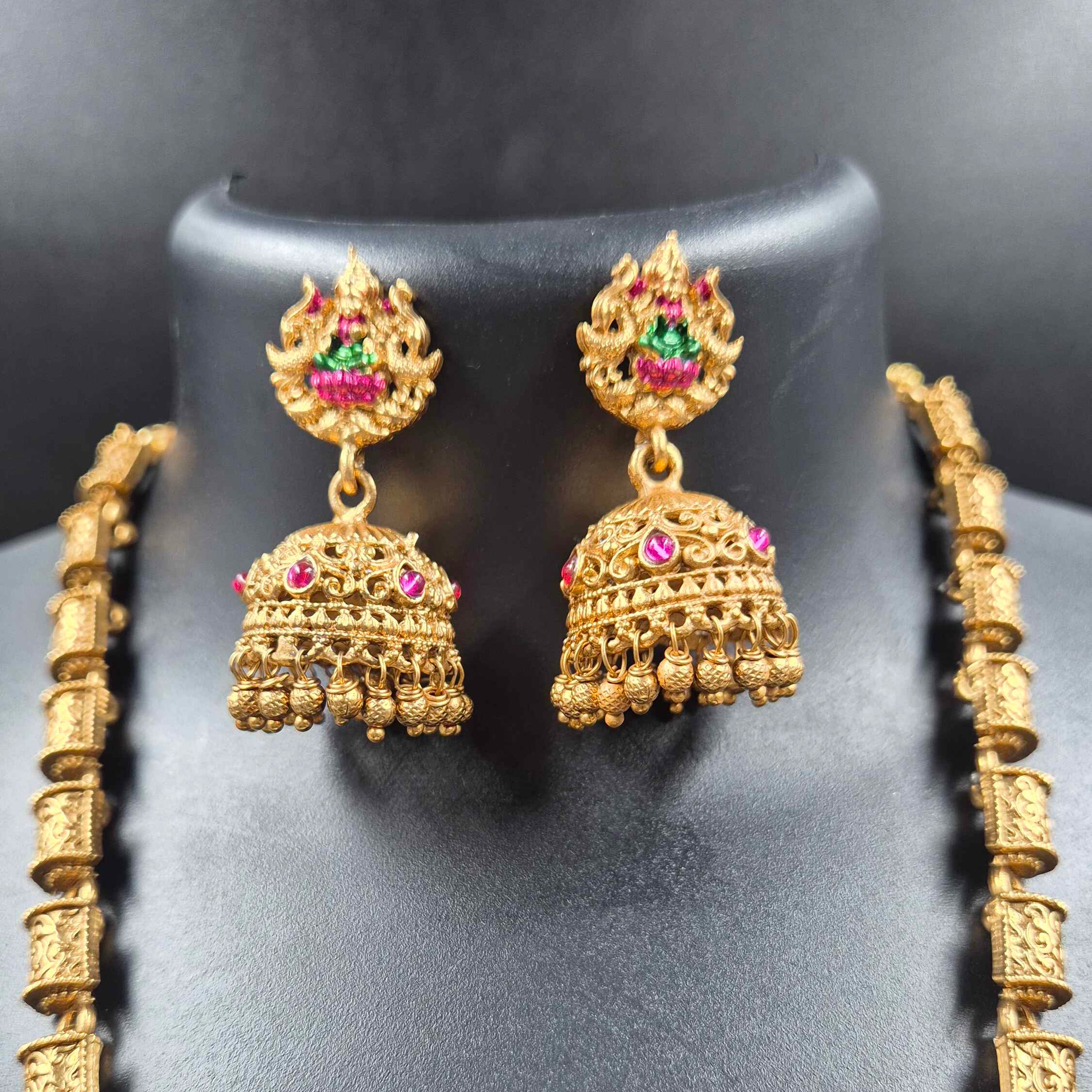 Lakshmi Temple Haram Necklace Set for Women | Antique Gold Plated Long Temple Jewelry with Jhumka Earrings