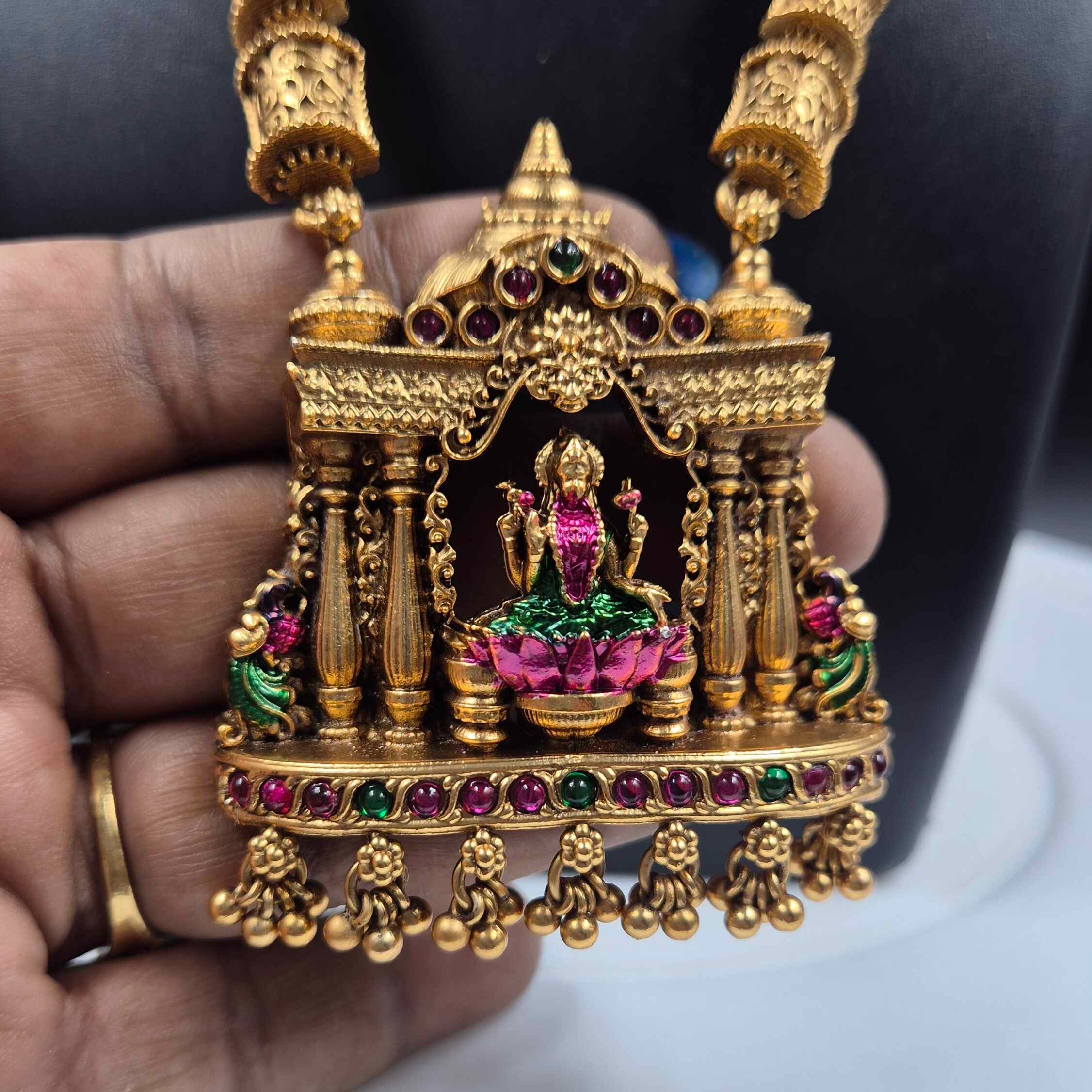 Lakshmi Temple Haram Necklace Set for Women | Antique Gold Plated Long Temple Jewelry with Jhumka Earrings