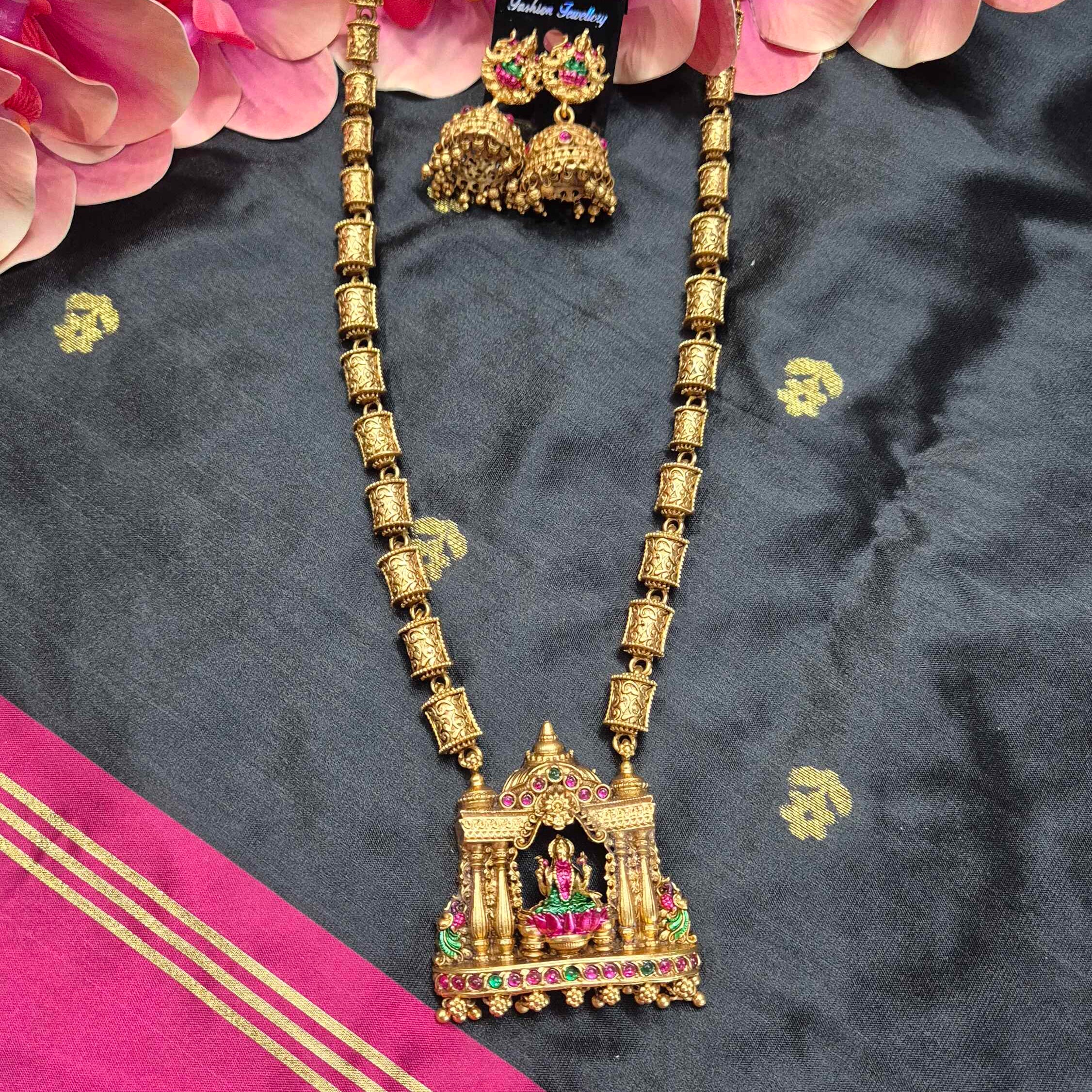 Lakshmi Temple Haram Necklace Set for Women | Antique Gold Plated Long Temple Jewelry with Jhumka Earrings
