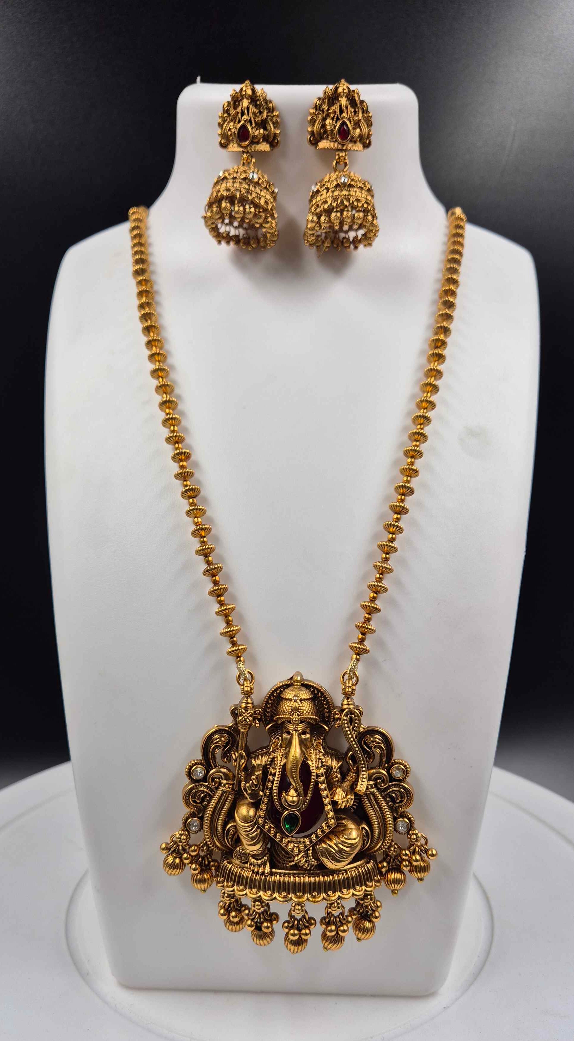 Lord Ganesha Temple Necklace Set for Women | Antique Gold Plated Long Haram with Jhumka Earrings