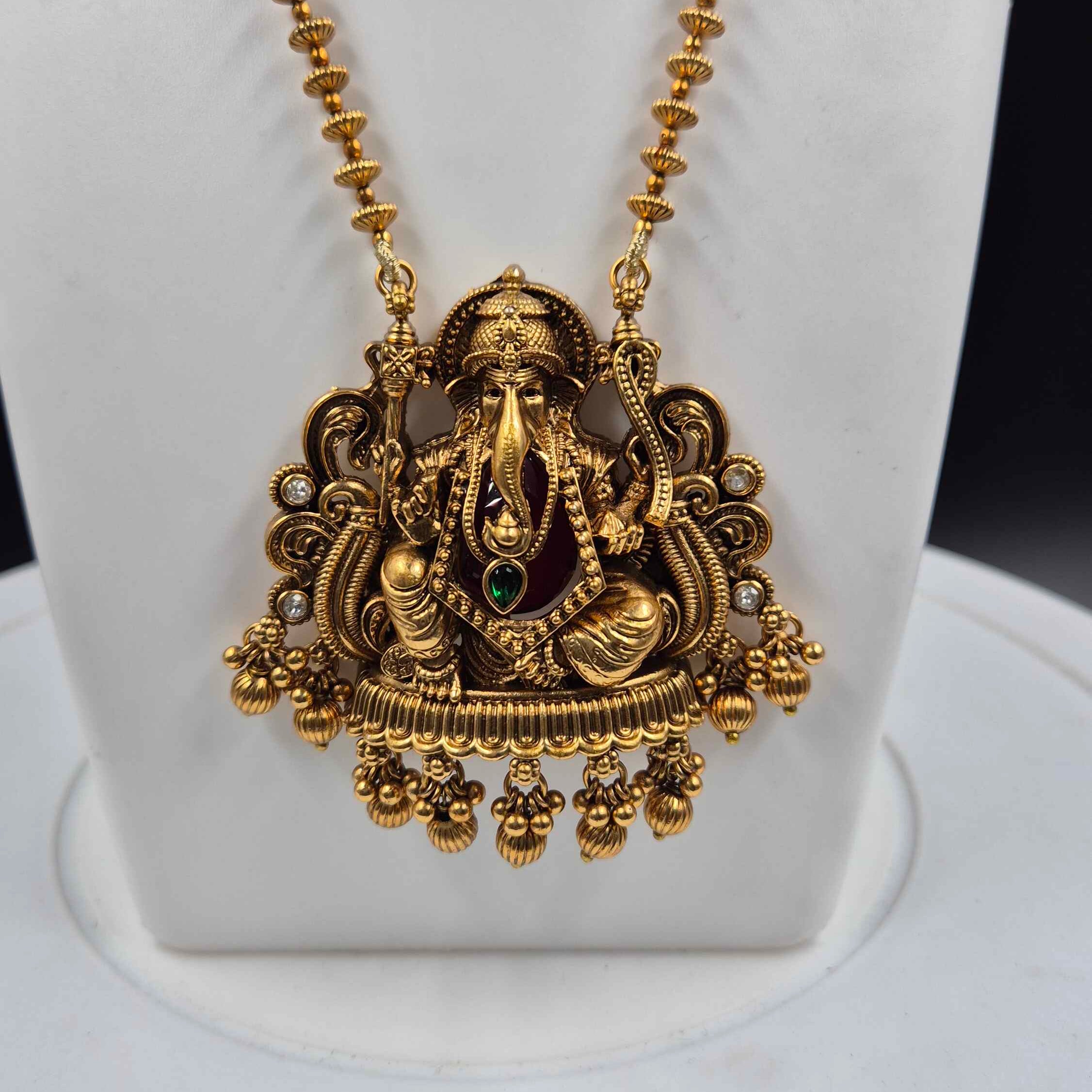 Lord Ganesha Temple Necklace Set for Women | Antique Gold Plated Long Haram with Jhumka Earrings