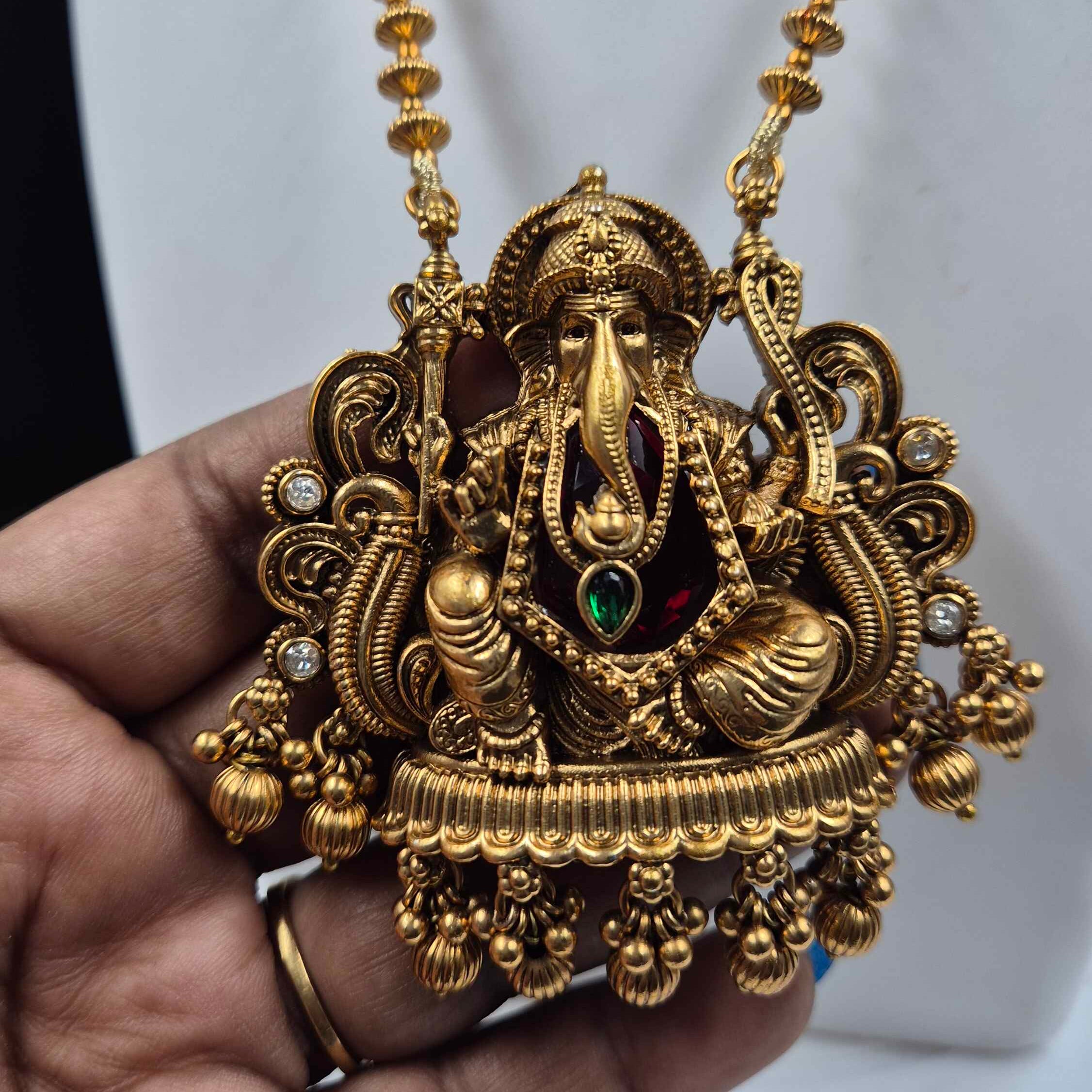 Lord Ganesha Temple Necklace Set for Women | Antique Gold Plated Long Haram with Jhumka Earrings