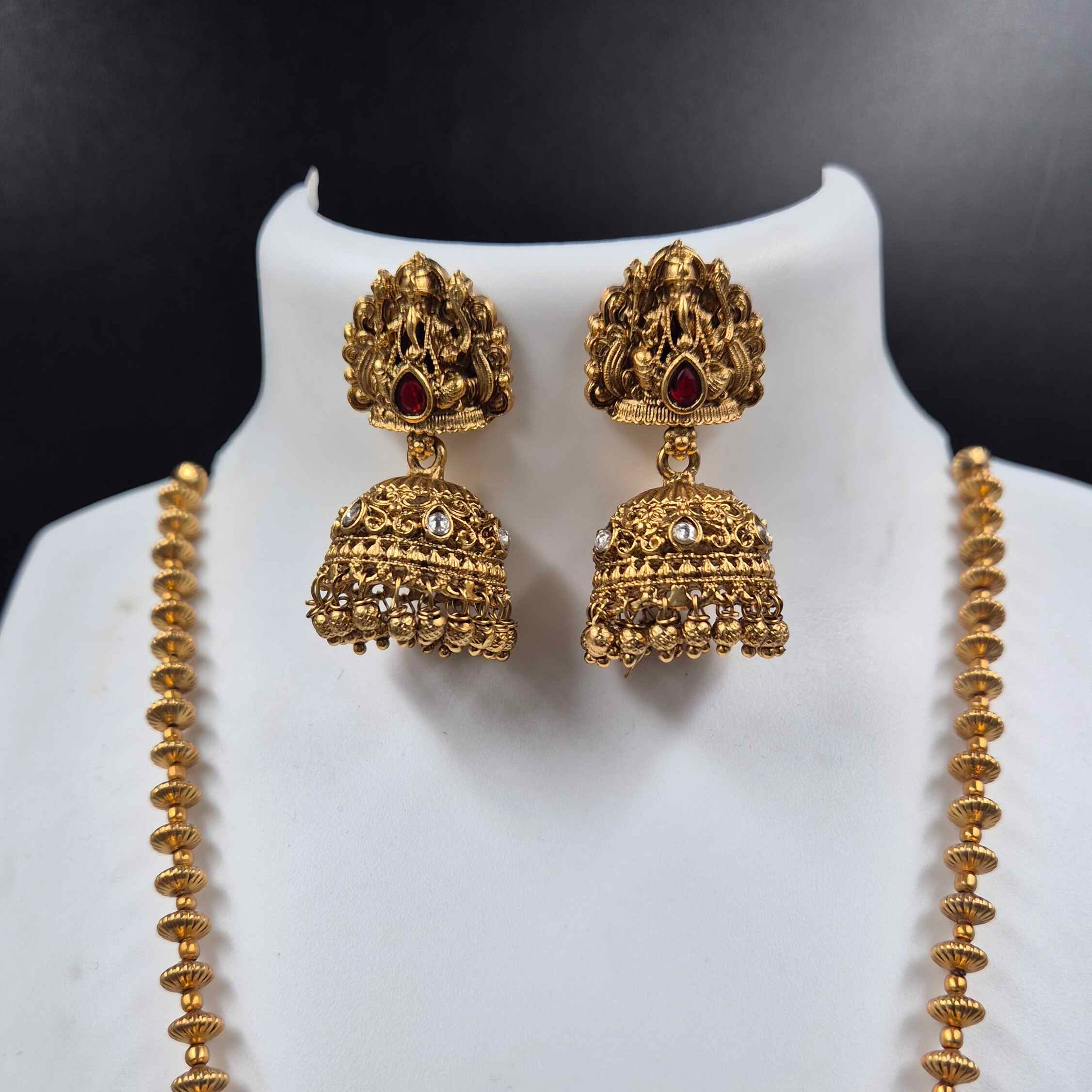 Lord Ganesha Temple Necklace Set for Women | Antique Gold Plated Long Haram with Jhumka Earrings