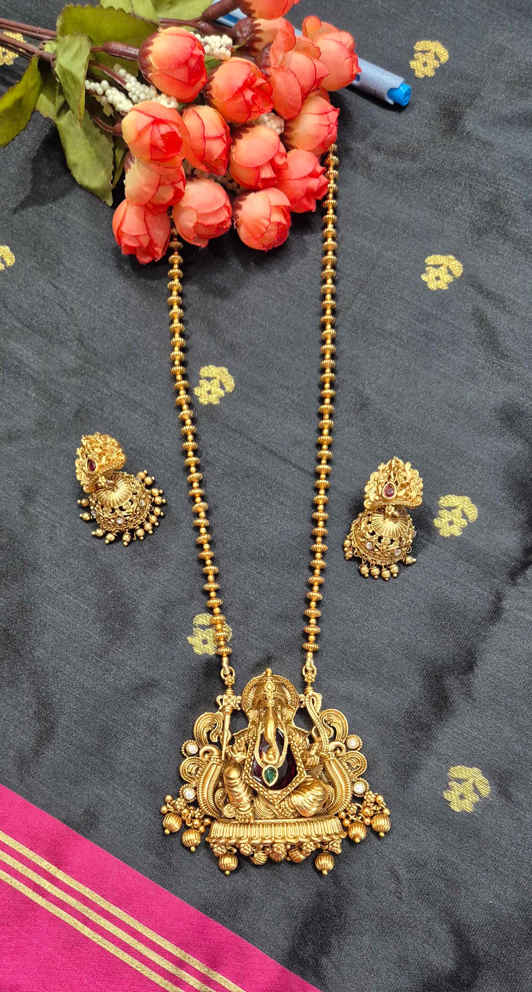 Lord Ganesha Temple Necklace Set for Women | Antique Gold Plated Long Haram with Jhumka Earrings