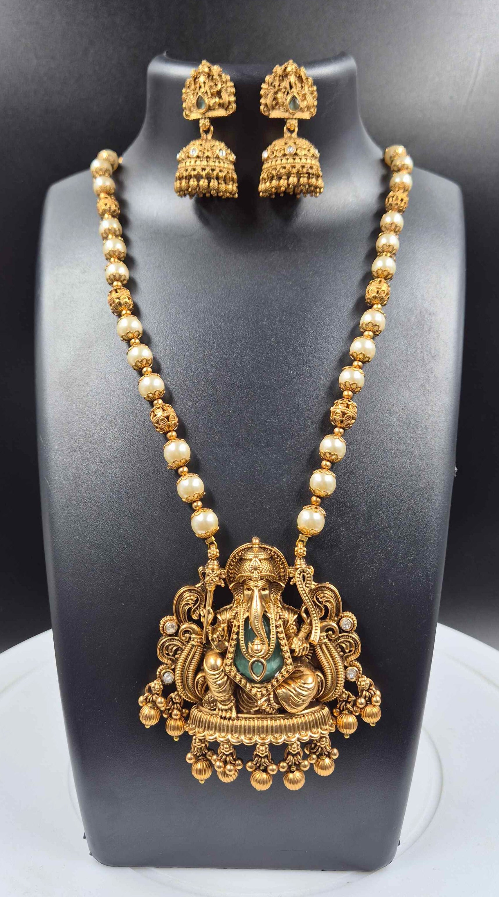 Lord Ganesha Temple Pendant Pearl Mala Necklace Set for Women | Antique Gold Plated Traditional Jewelry