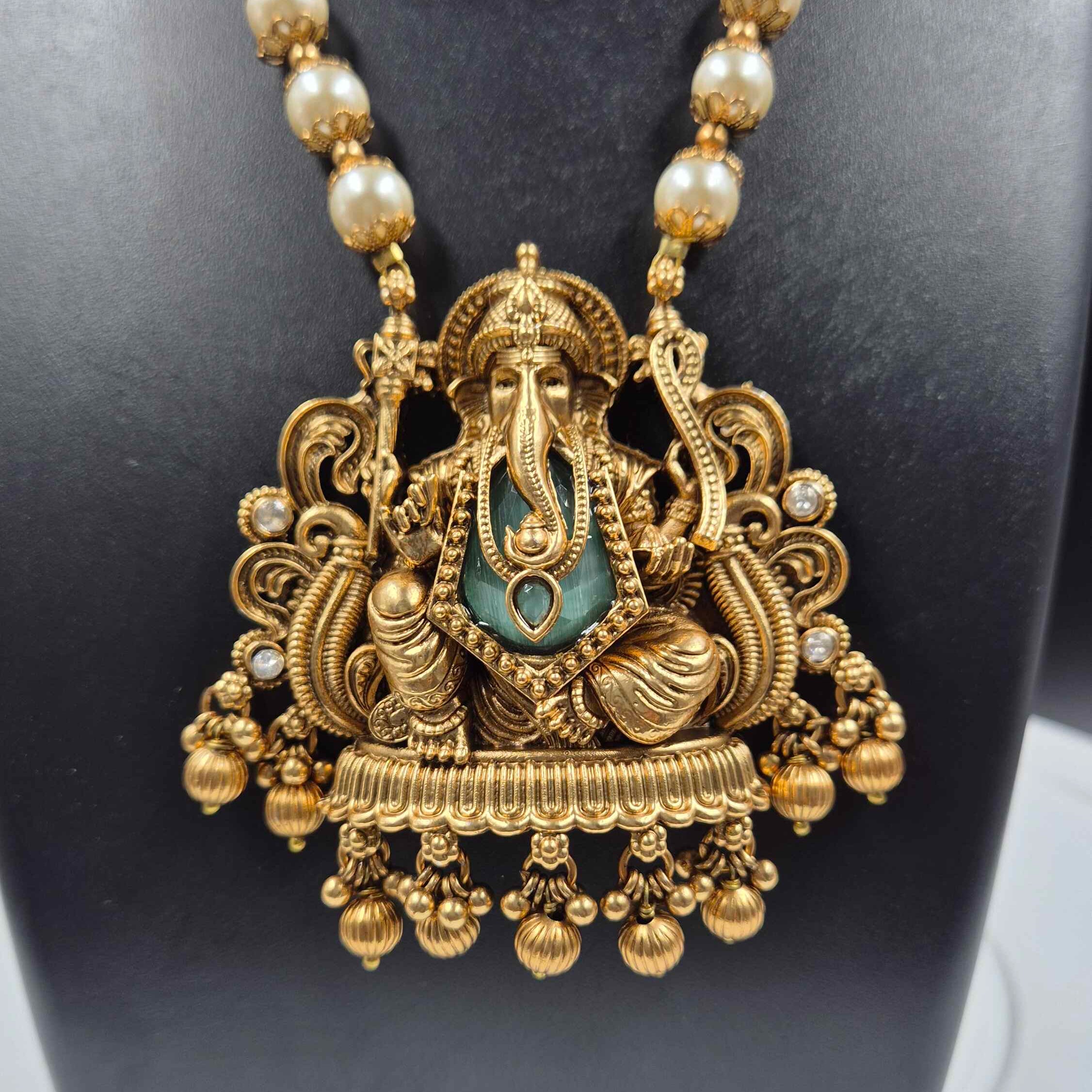 Lord Ganesha Temple Pendant Pearl Mala Necklace Set for Women | Antique Gold Plated Traditional Jewelry
