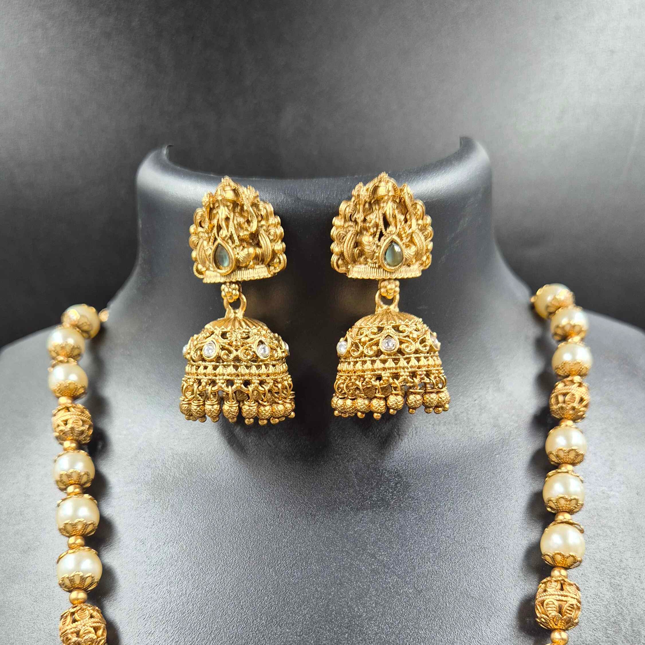 Lord Ganesha Temple Pendant Pearl Mala Necklace Set for Women | Antique Gold Plated Traditional Jewelry
