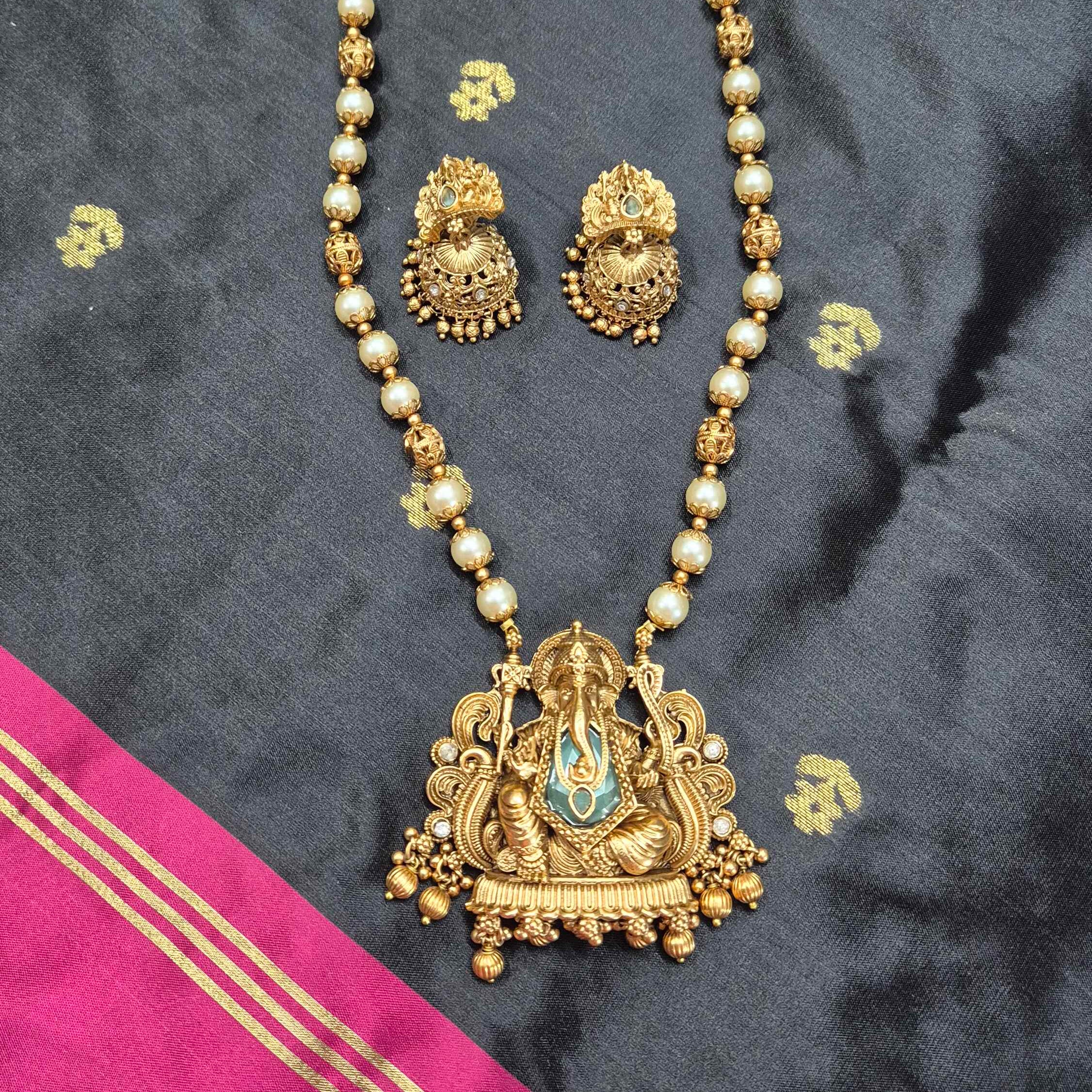 Lord Ganesha Temple Pendant Pearl Mala Necklace Set for Women | Antique Gold Plated Traditional Jewelry