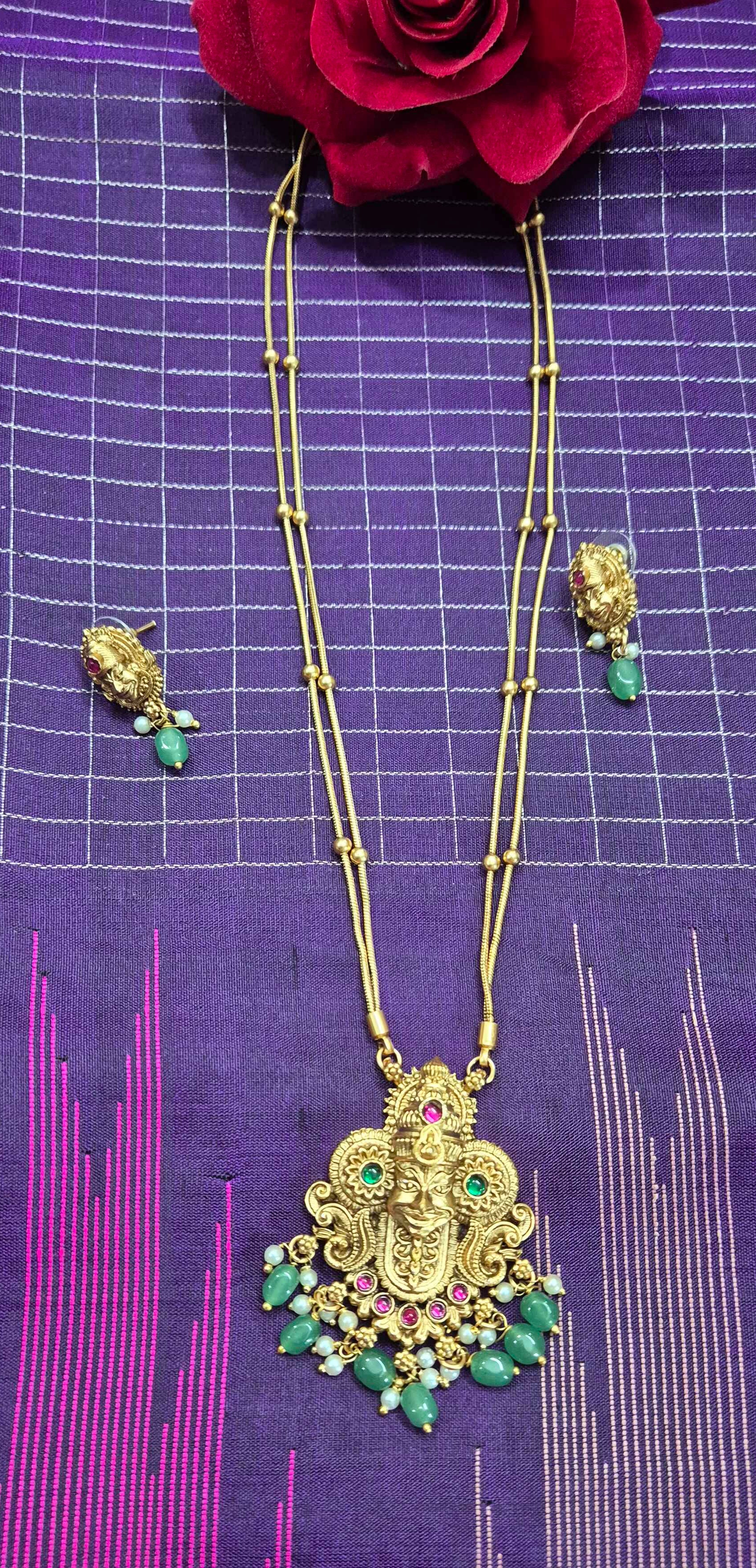 Antique Kathakali Pendant Necklace Set for Women | Green Bead Drop Long Chain with Matching Earrings