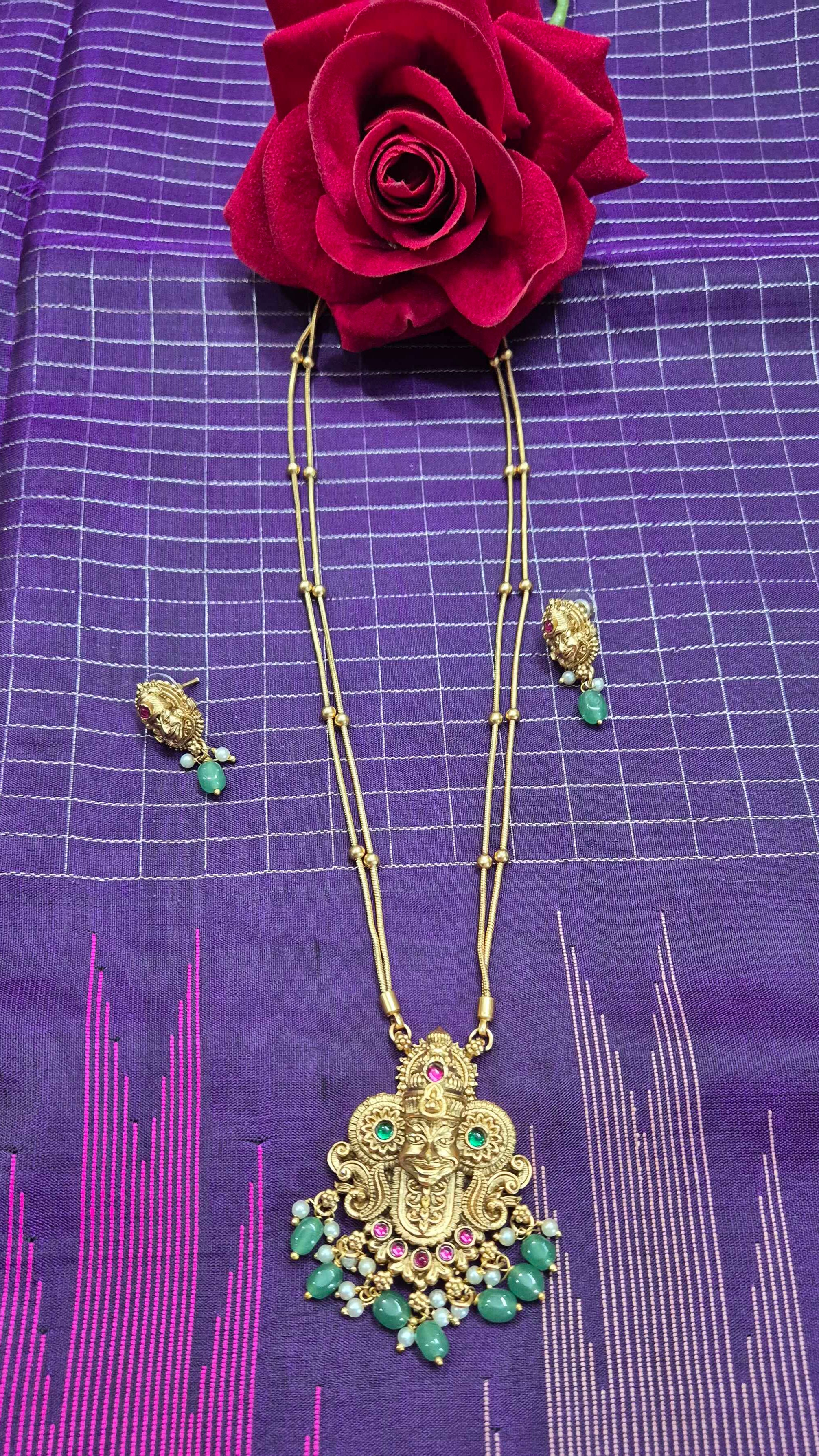 Antique Kathakali Pendant Necklace Set for Women | Green Bead Drop Long Chain with Matching Earrings