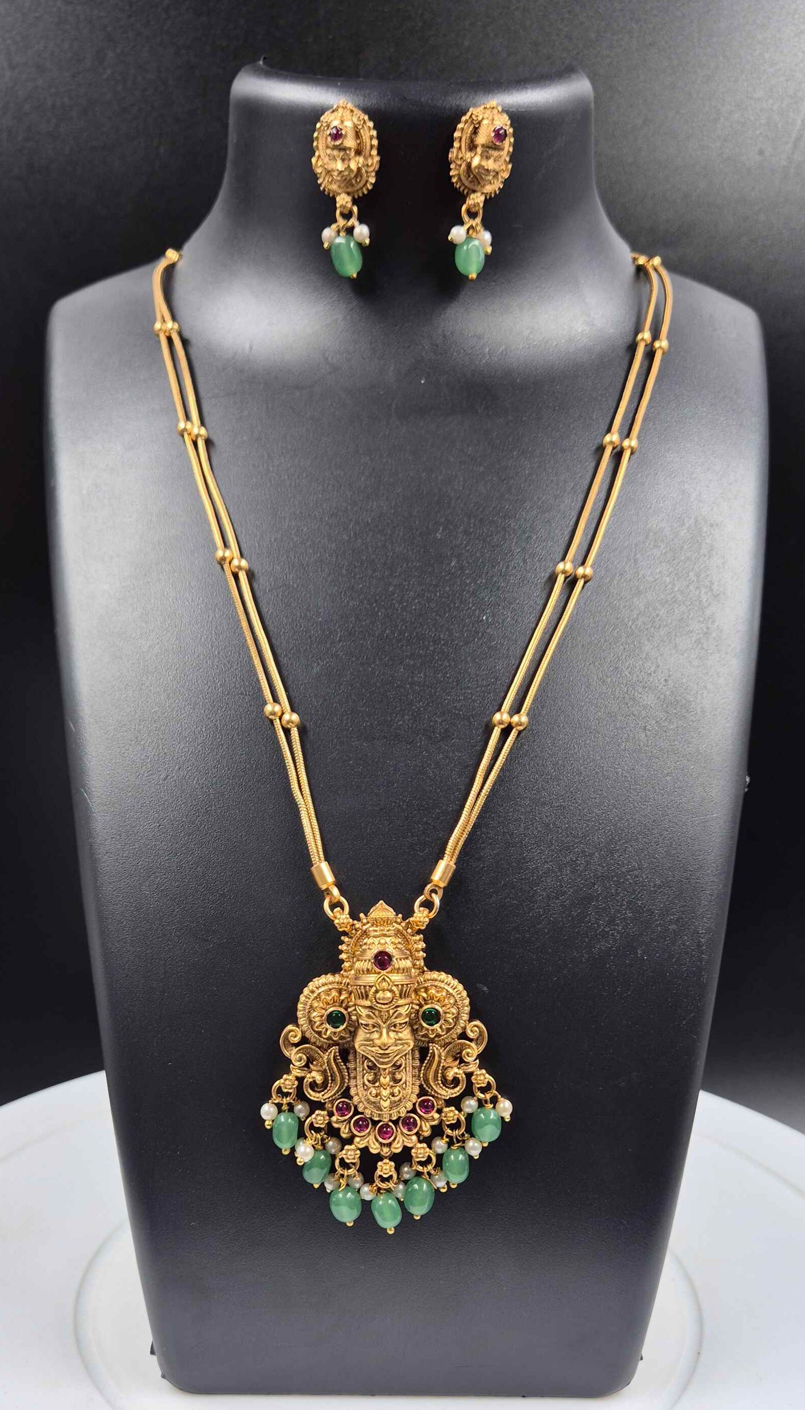 Antique Kathakali Pendant Necklace Set for Women | Green Bead Drop Long Chain with Matching Earrings