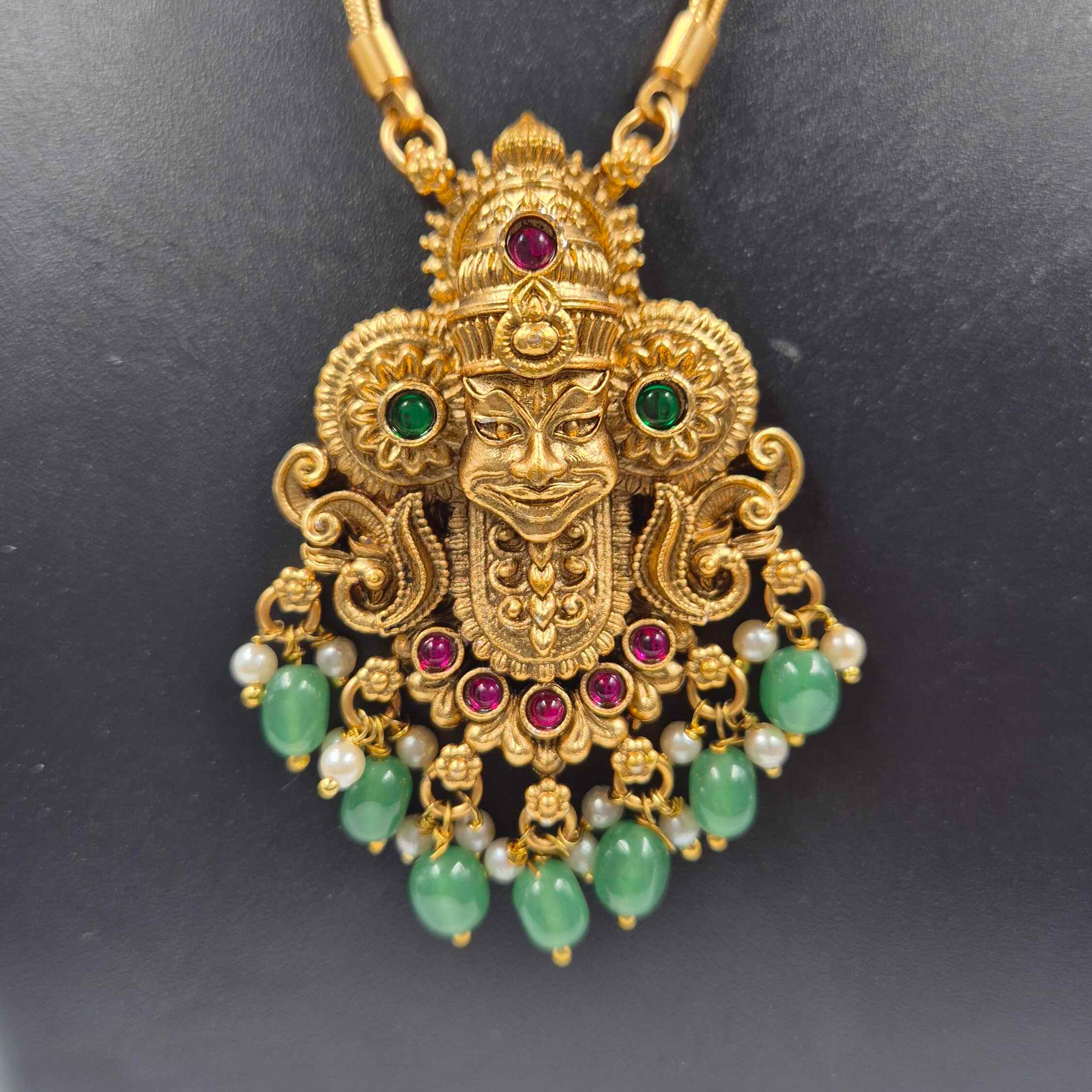Antique Kathakali Pendant Necklace Set for Women | Green Bead Drop Long Chain with Matching Earrings
