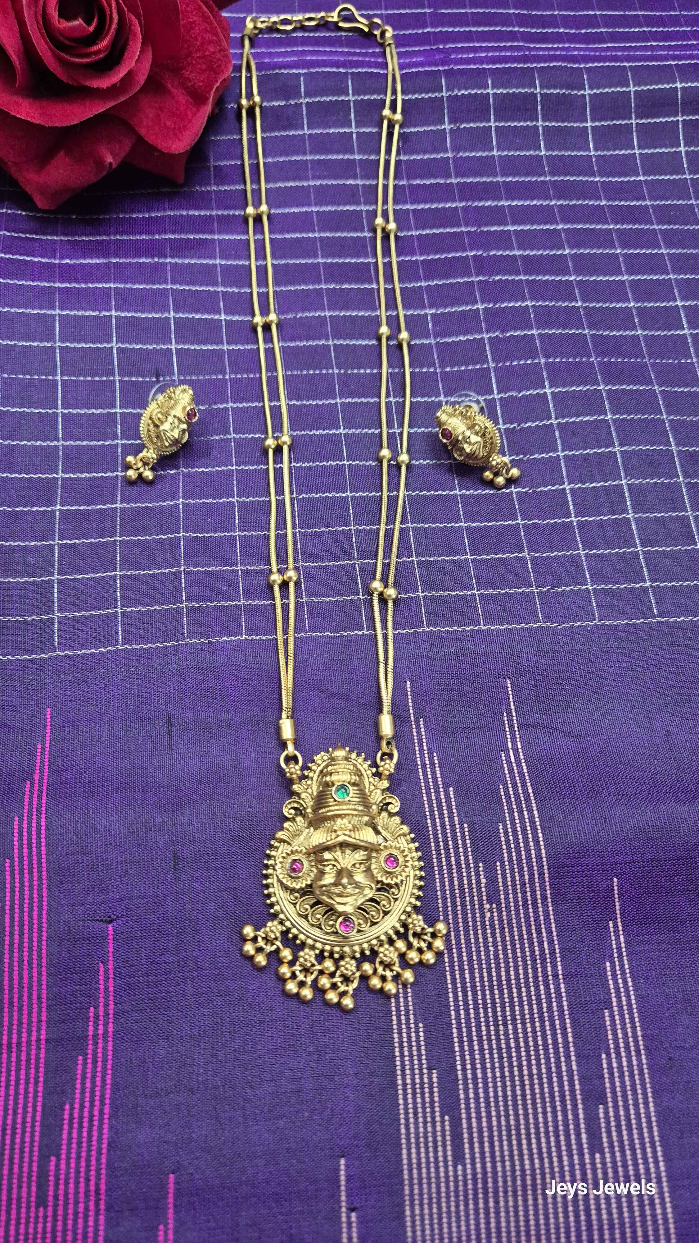 Traditional kathakali Face Pendant Necklace Set for Women | Antique Gold Plated Long Chain with Matching Earrings