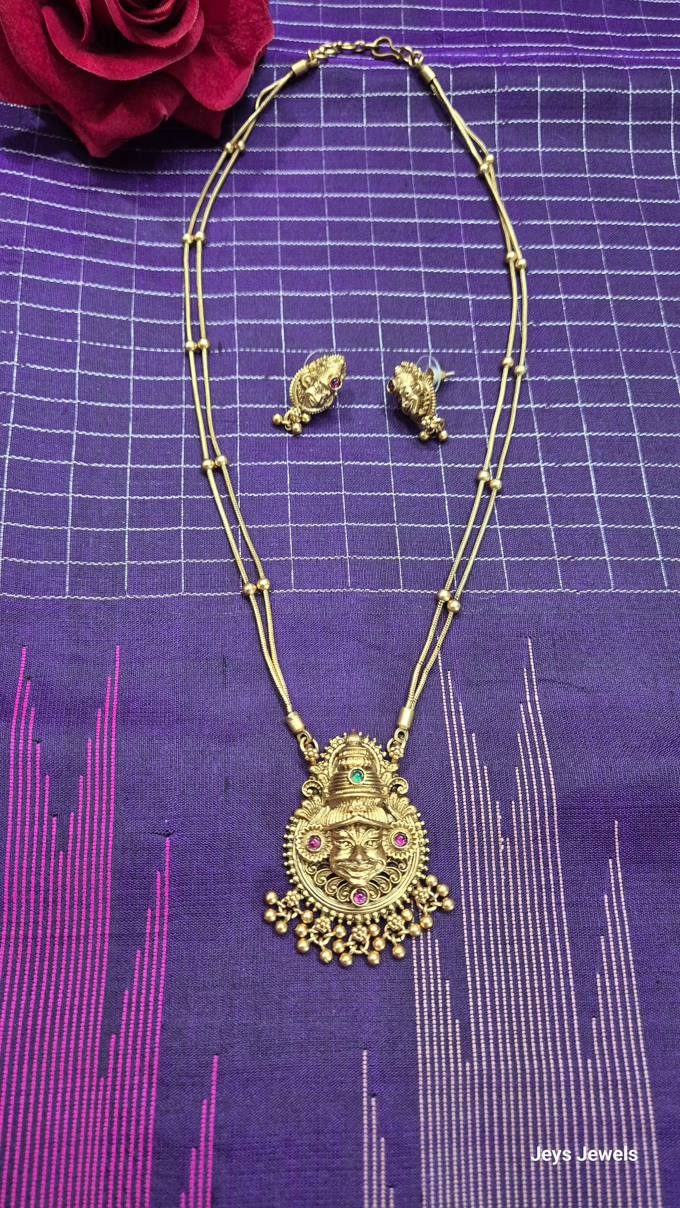 Traditional kathakali Face Pendant Necklace Set for Women | Antique Gold Plated Long Chain with Matching Earrings