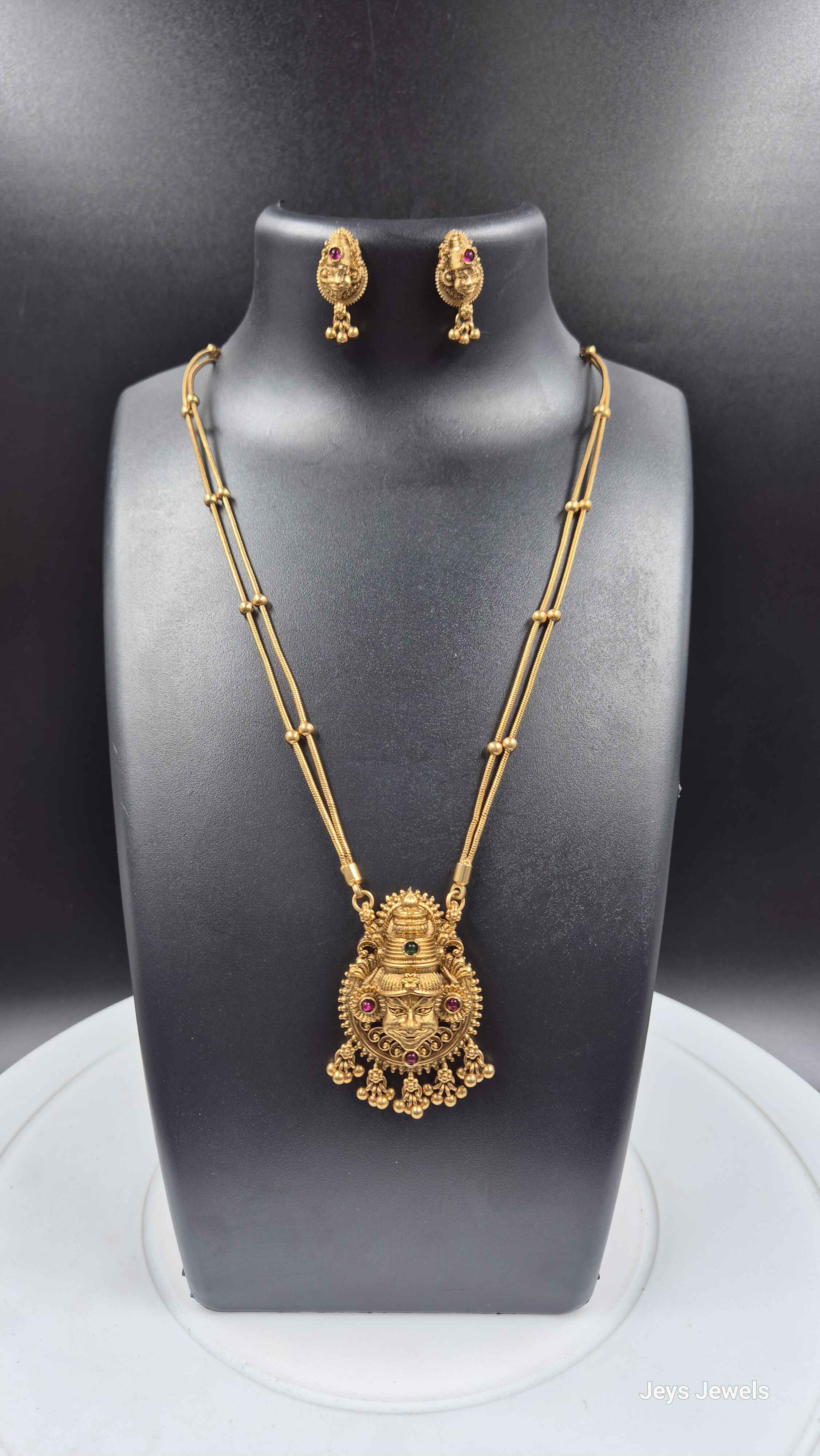Traditional kathakali Face Pendant Necklace Set for Women | Antique Gold Plated Long Chain with Matching Earrings