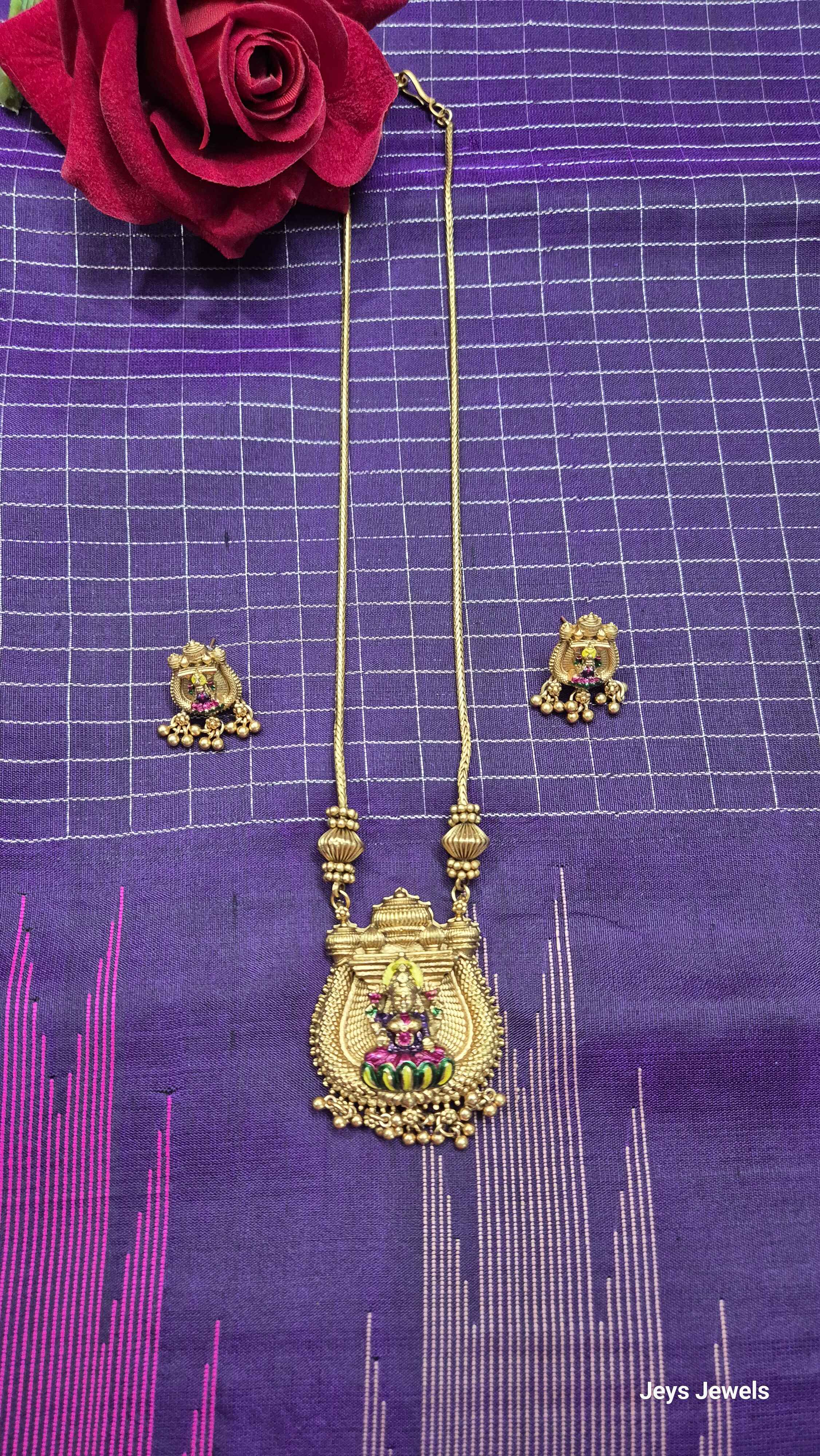 Lakshmi Temple Pendant Necklace Set for Women | Antique Gold Plated Long Chain with Matching Earrings