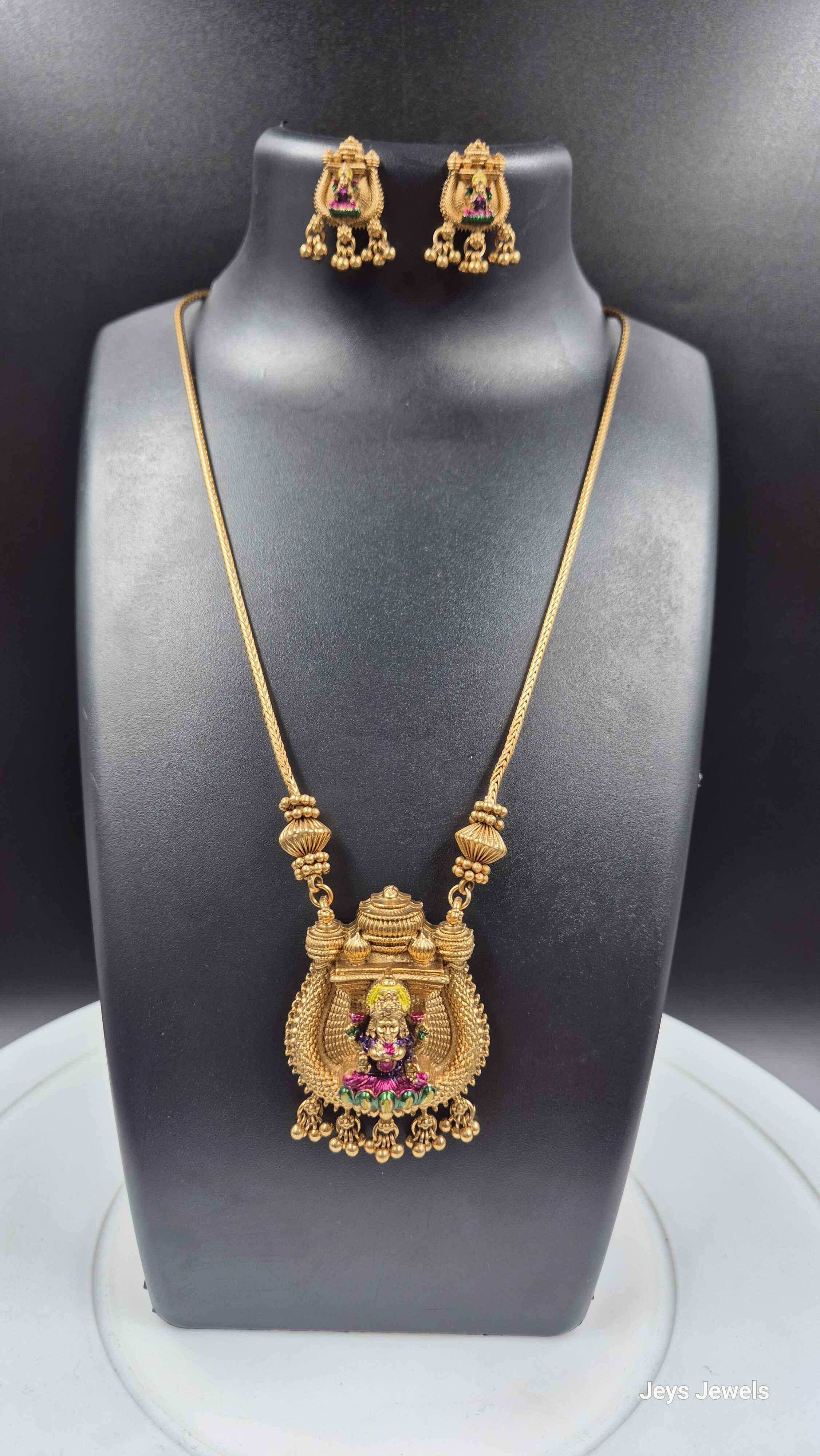 Lakshmi Temple Pendant Necklace Set for Women | Antique Gold Plated Long Chain with Matching Earrings