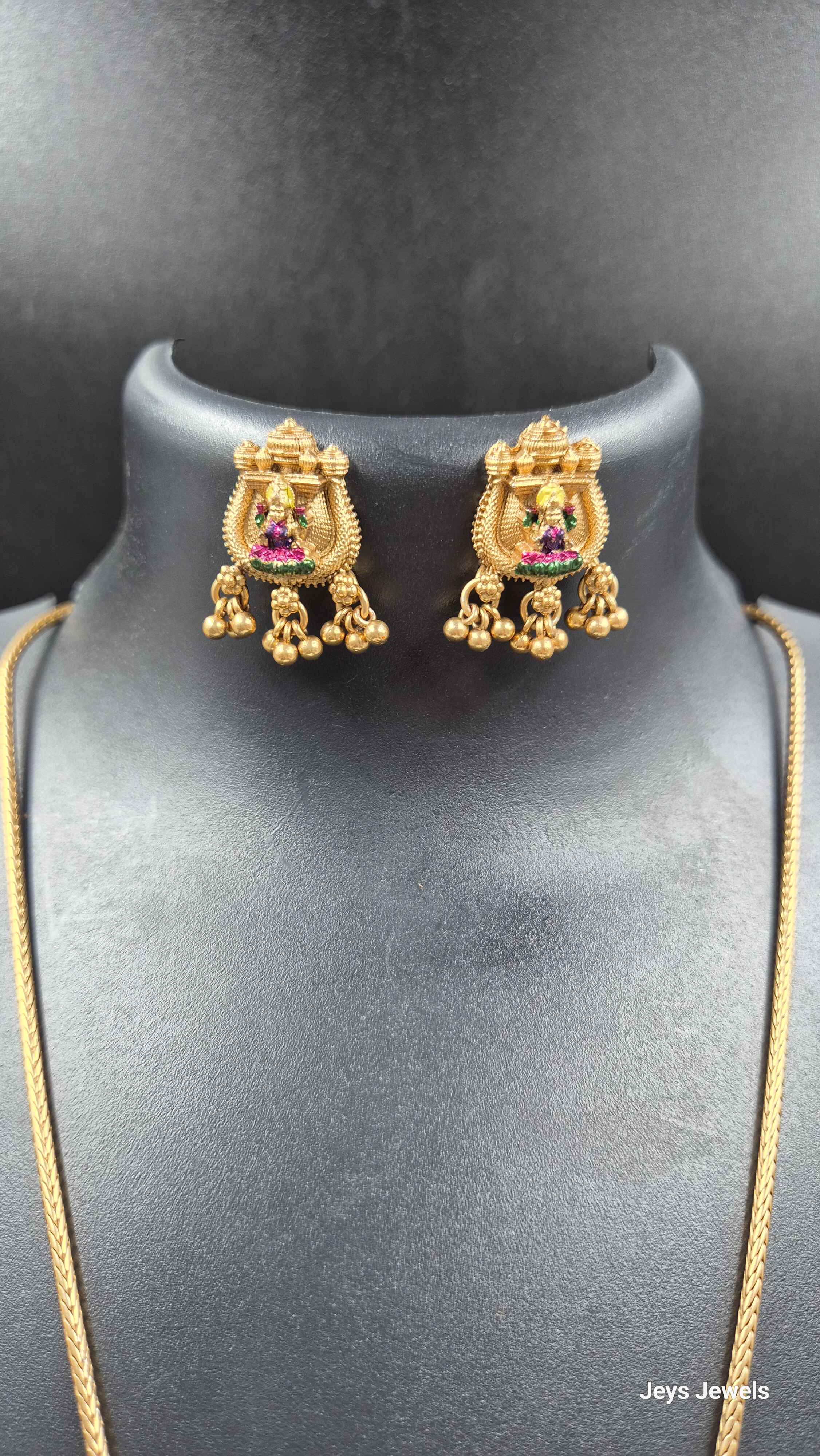 Lakshmi Temple Pendant Necklace Set for Women | Antique Gold Plated Long Chain with Matching Earrings