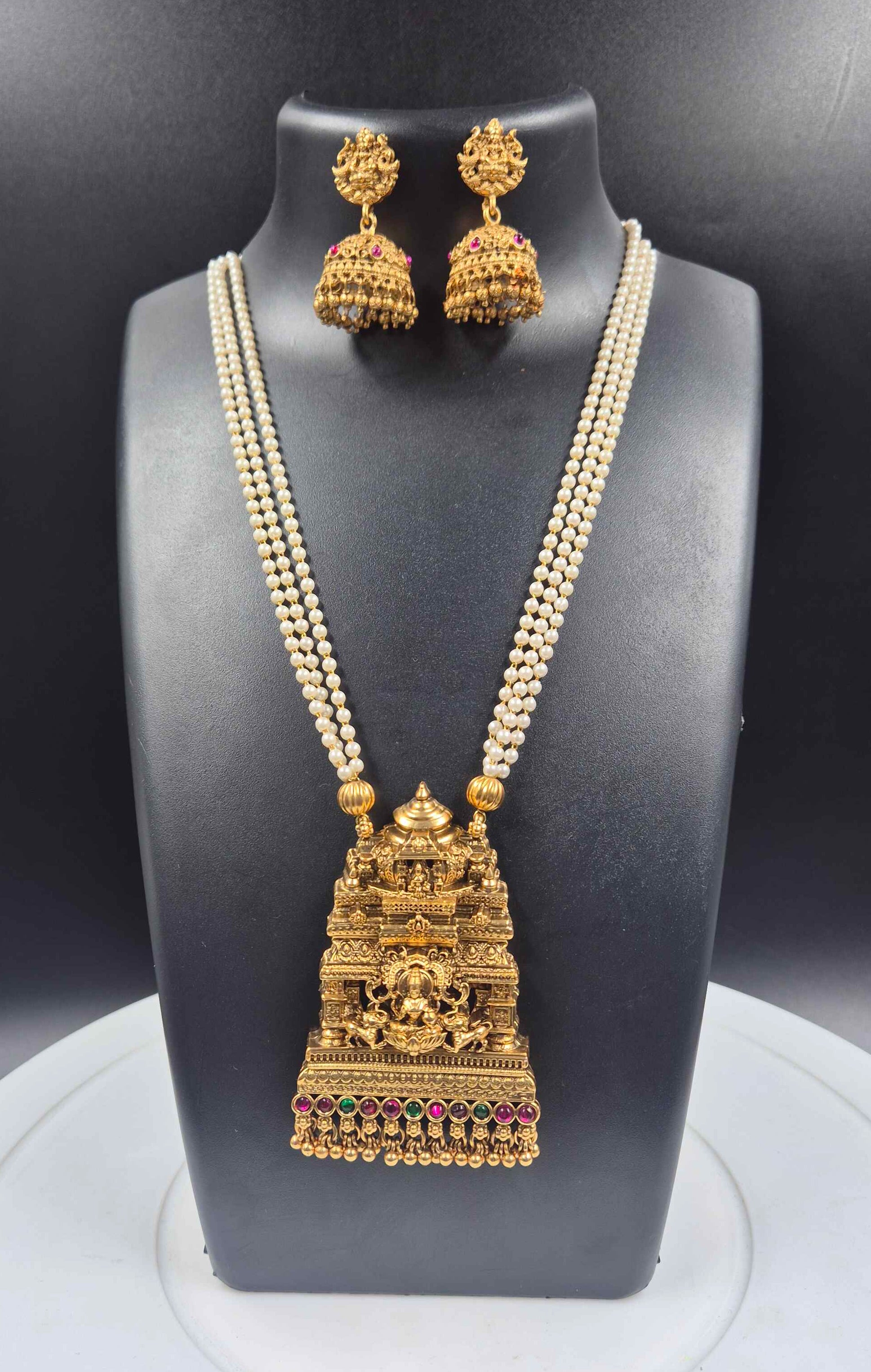 Grand Temple Gopuram Dollar Pearl Haram Necklace Set with Jhumka Earrings | Antique Gold Finish Bridal Jewelry