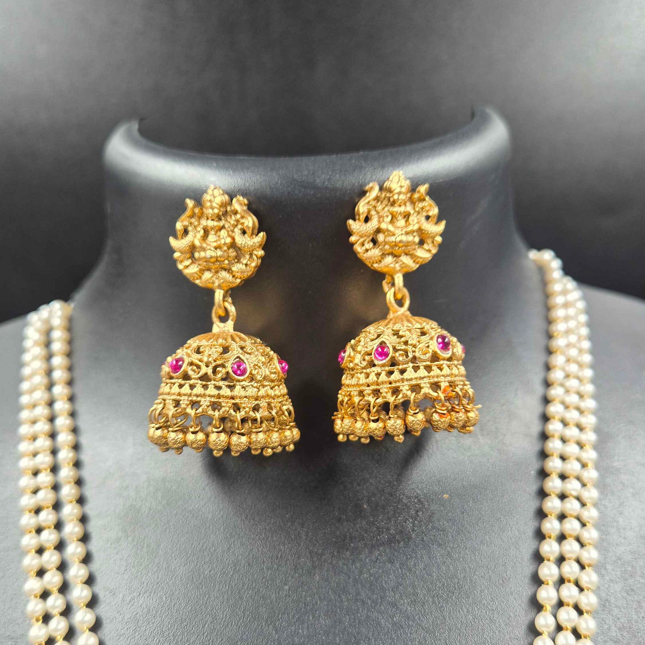 Grand Temple Gopuram Dollar Pearl Haram Necklace Set with Jhumka Earrings | Antique Gold Finish Bridal Jewelry