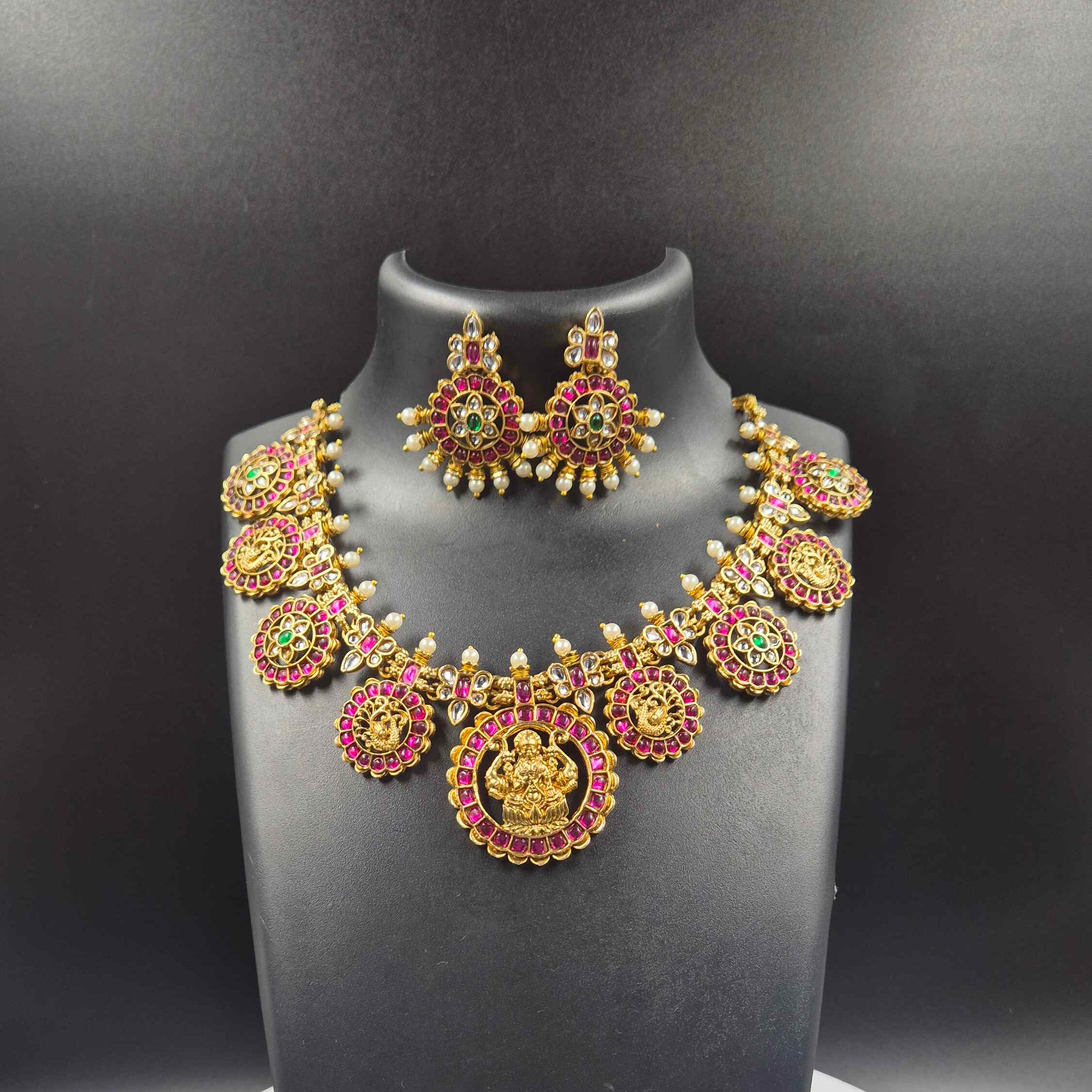 Lakshmi Temple Choker Necklace Set with Ruby Stones & Pearls | Antique Gold Bridal Jewelry