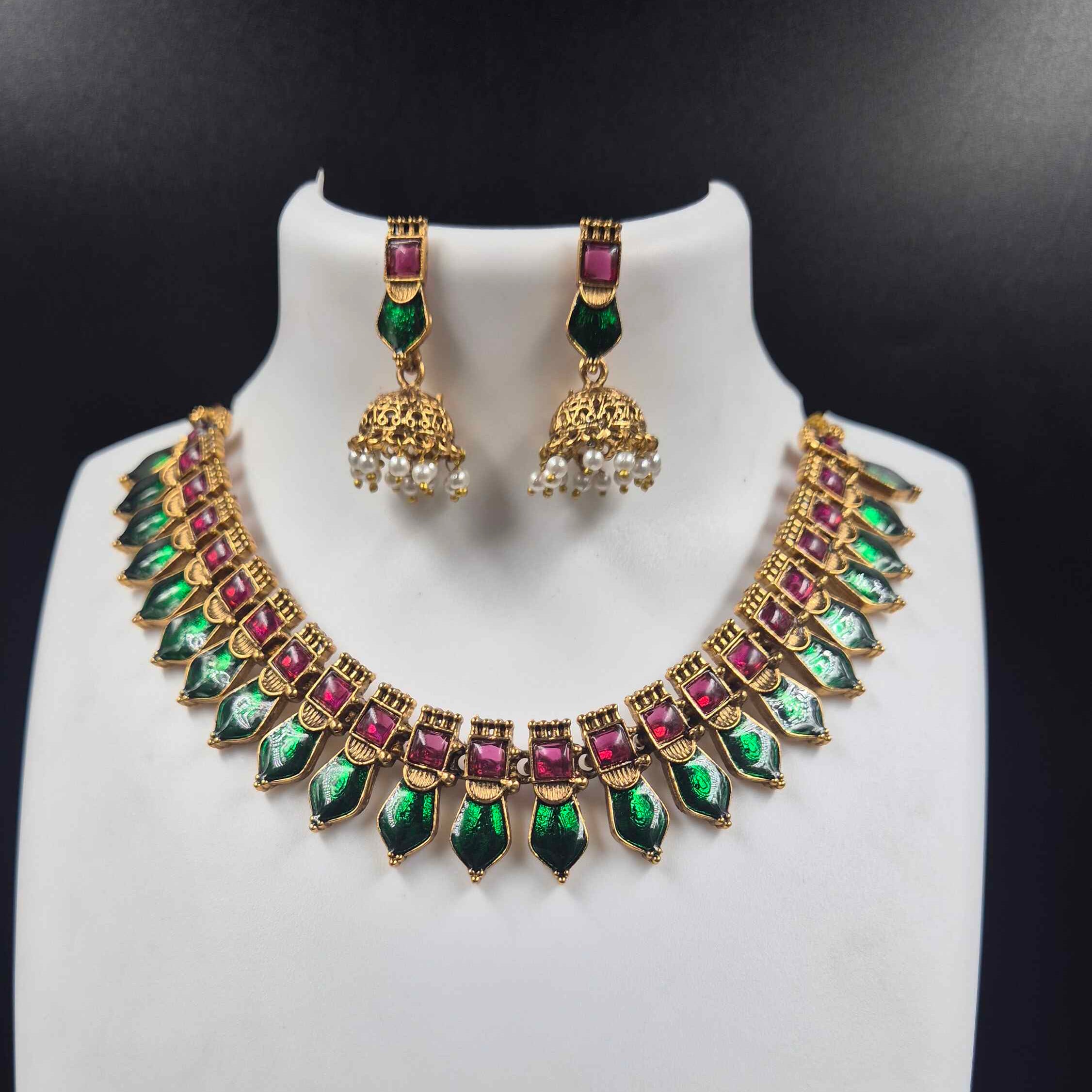 Green Palakka  Necklace Set with matchingJhumkas | Traditional Kerala Ethnic Jewelry
