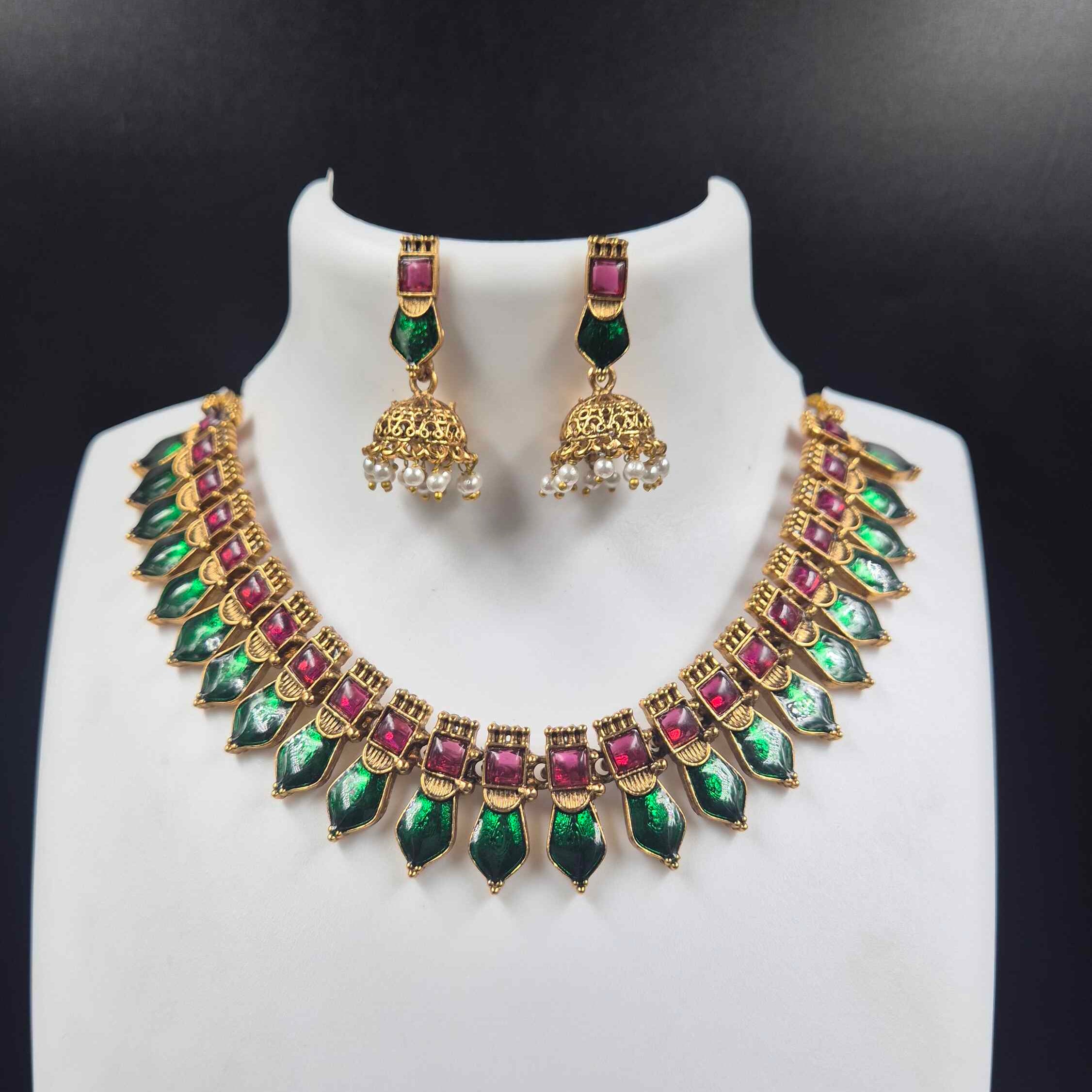 Green Palakka  Necklace Set with matchingJhumkas | Traditional Kerala Ethnic Jewelry