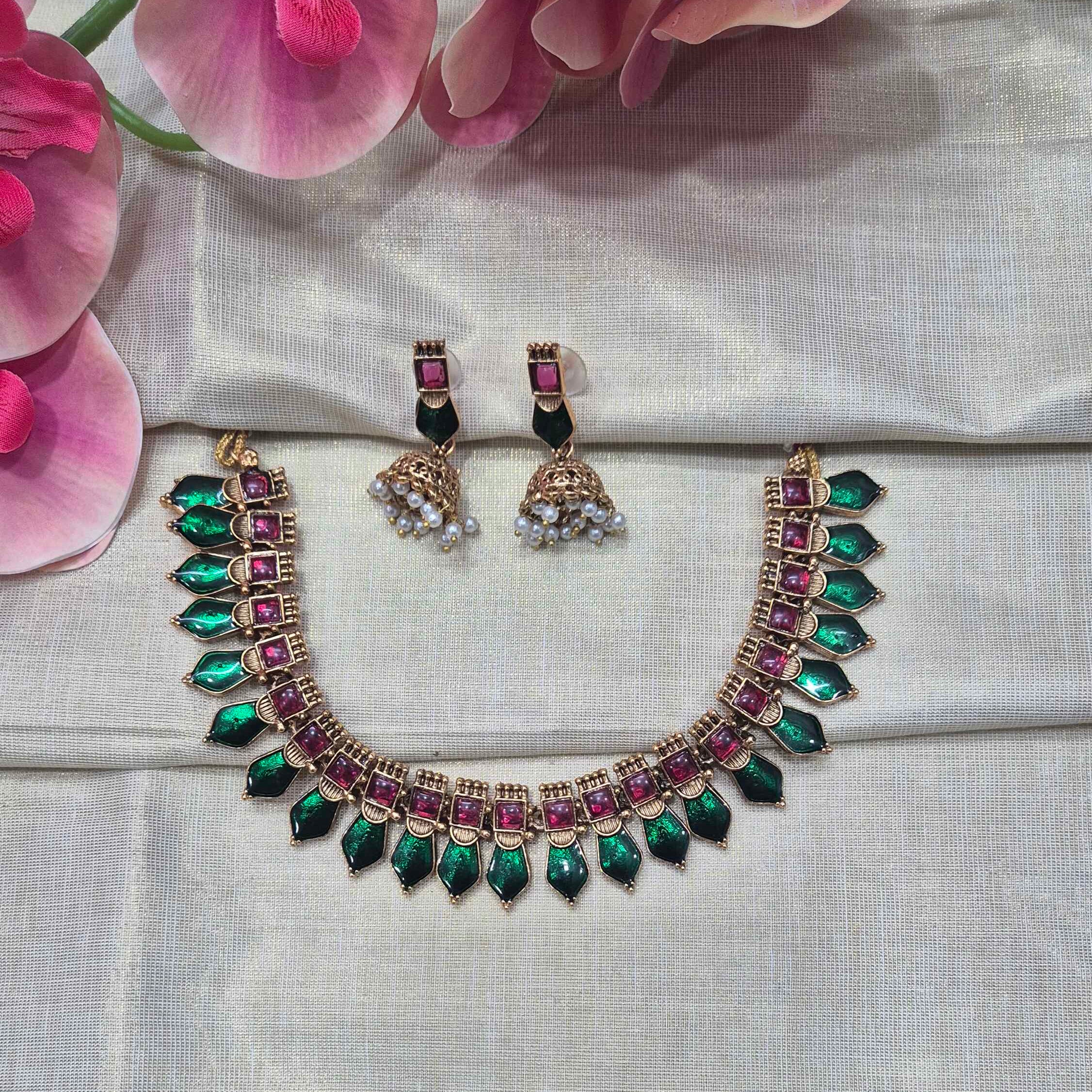 Green Palakka  Necklace Set with matchingJhumkas | Traditional Kerala Ethnic Jewelry