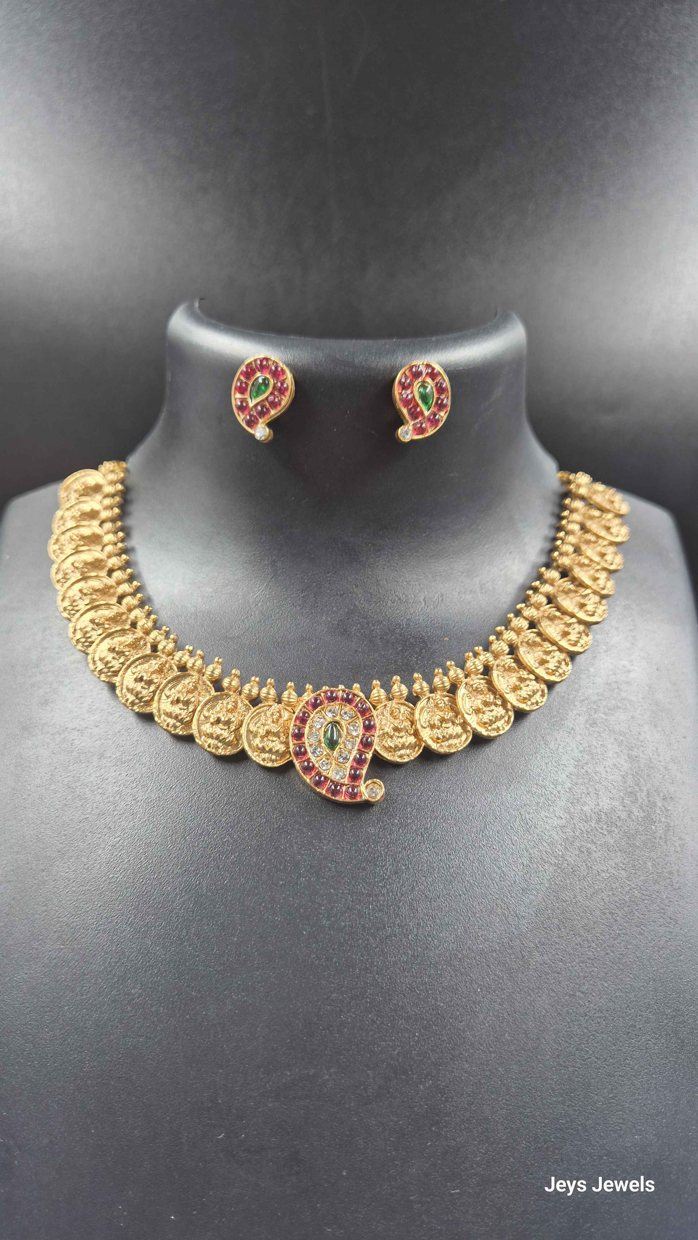 Antique Coin Necklace Set with mango pendant | Traditional Temple Jewelry for Women