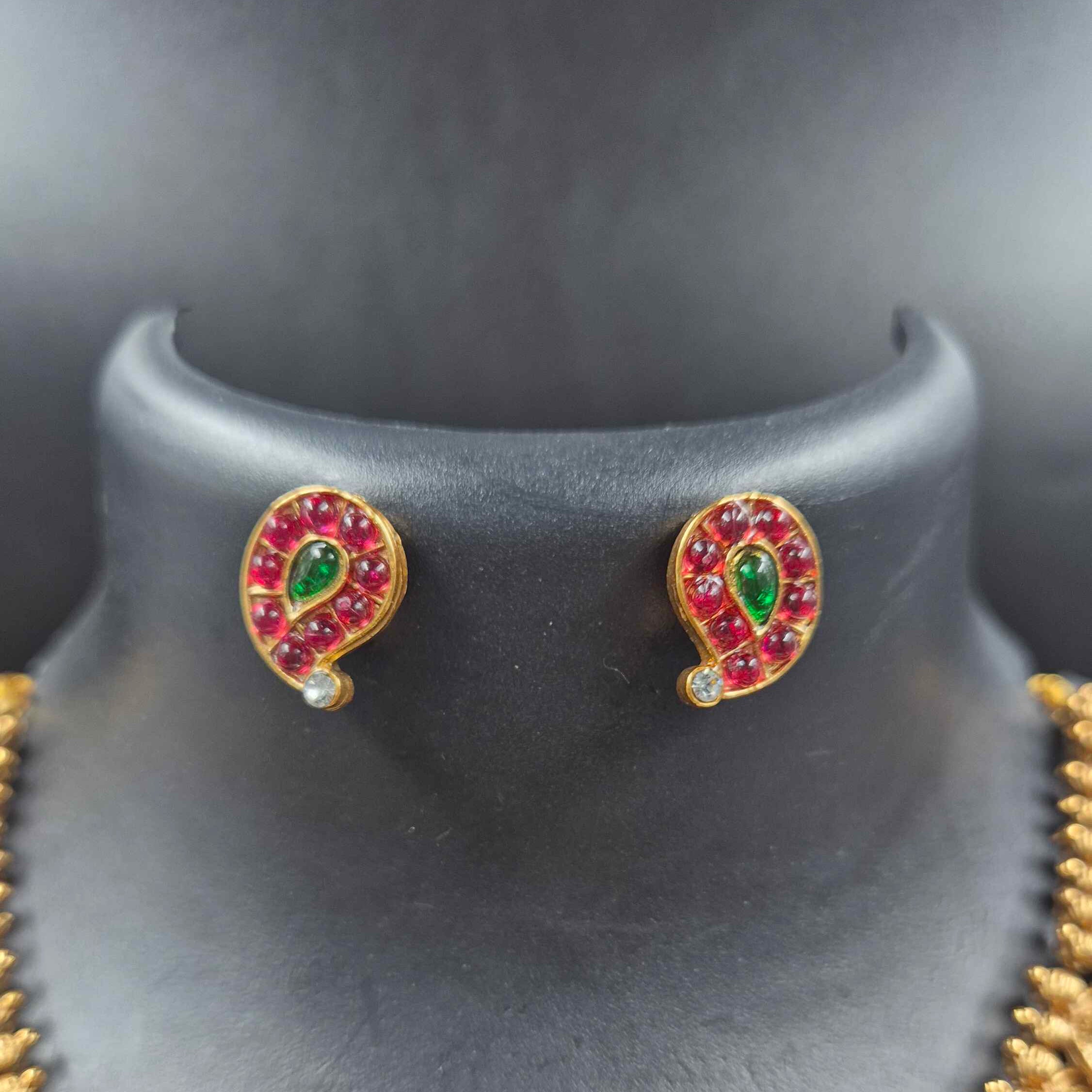 Antique Coin Necklace Set with mango pendant | Traditional Temple Jewelry for Women