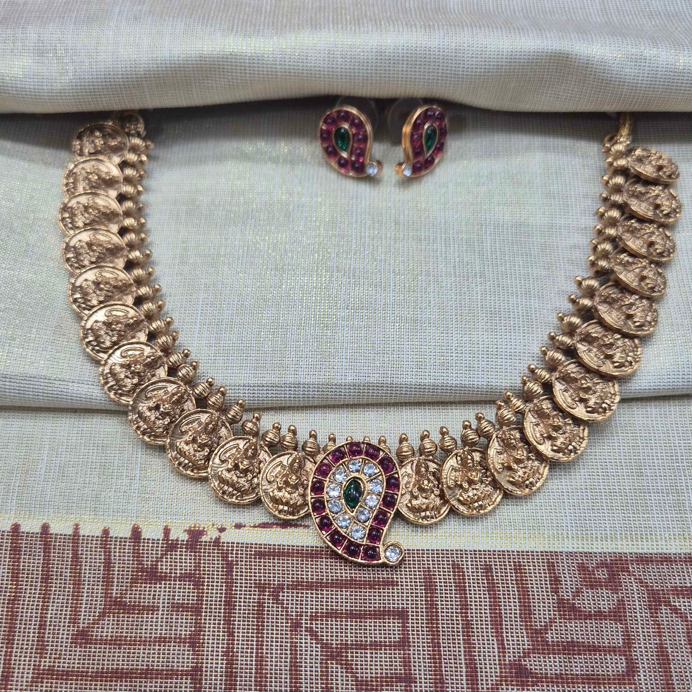 Antique Coin Necklace Set with mango pendant | Traditional Temple Jewelry for Women