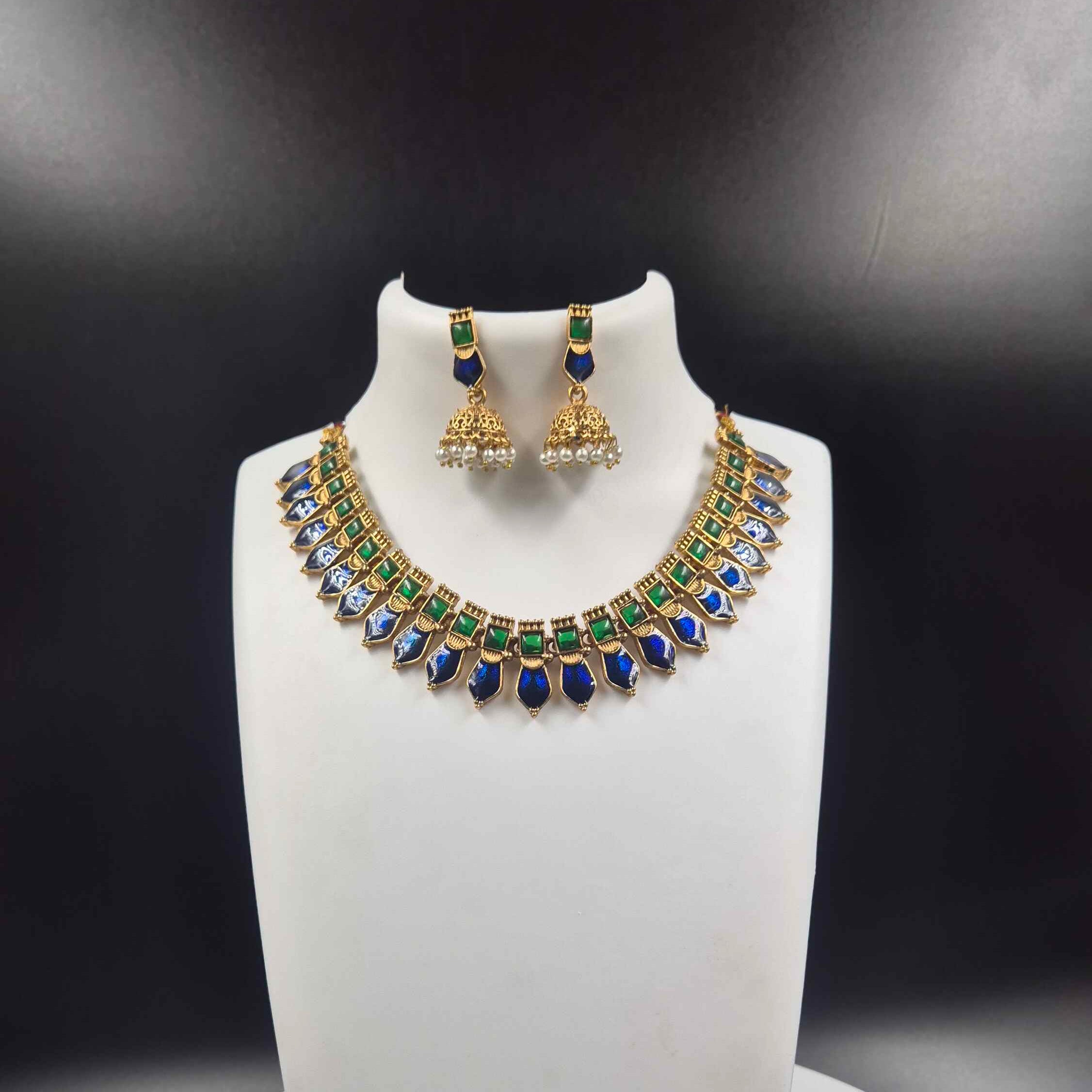 Royal Blue Palakka Necklace Set with Pearl Jhumka Earrings | Antique Gold Ethnic Jewelry