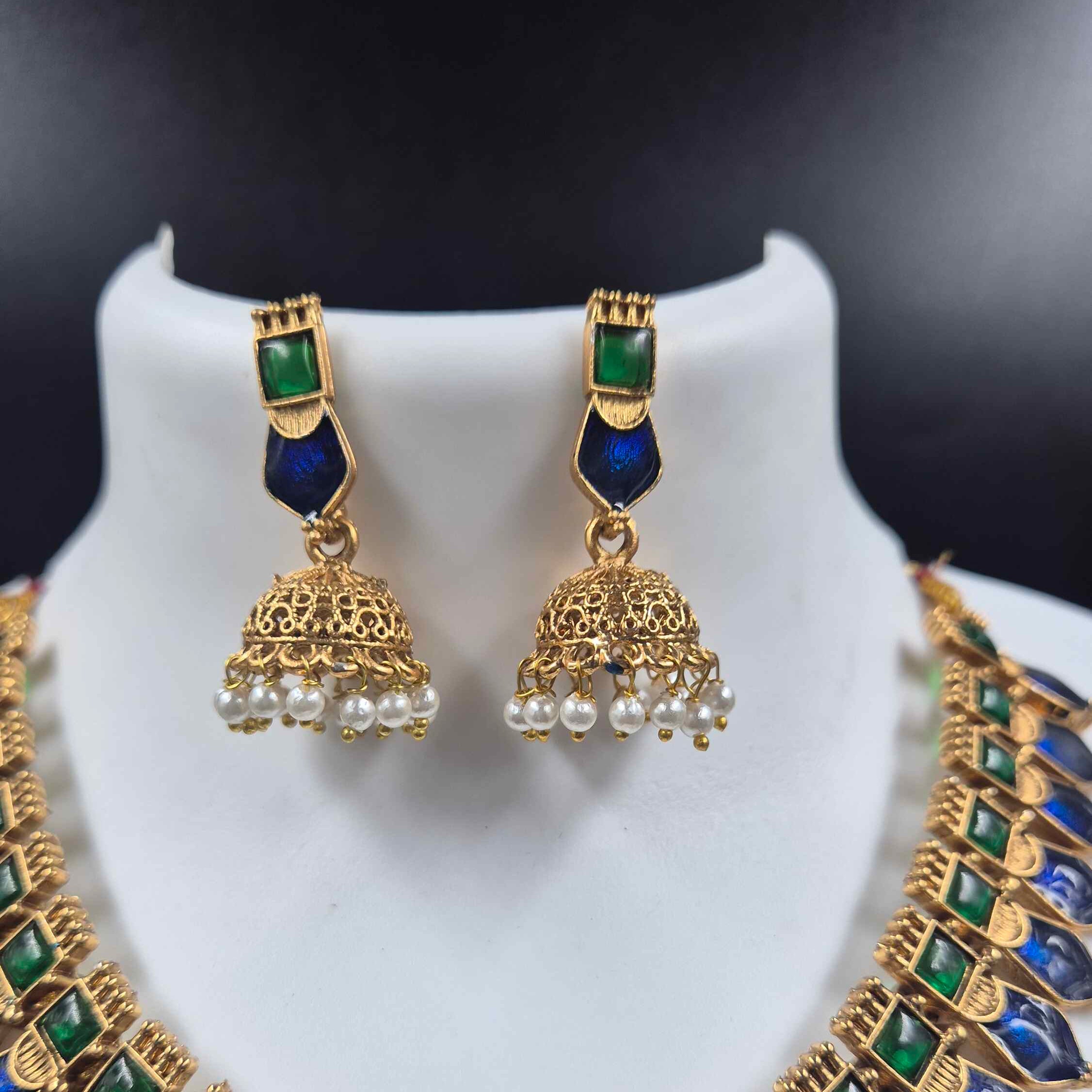 Royal Blue Palakka Necklace Set with Pearl Jhumka Earrings | Antique Gold Ethnic Jewelry