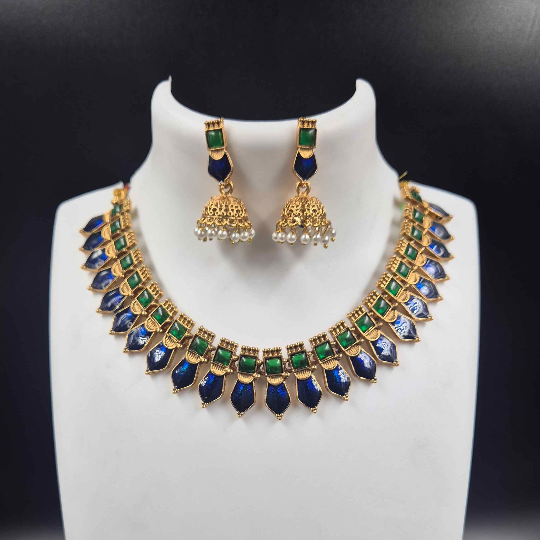 Royal Blue Palakka Necklace Set with Pearl Jhumka Earrings | Antique Gold Ethnic Jewelry