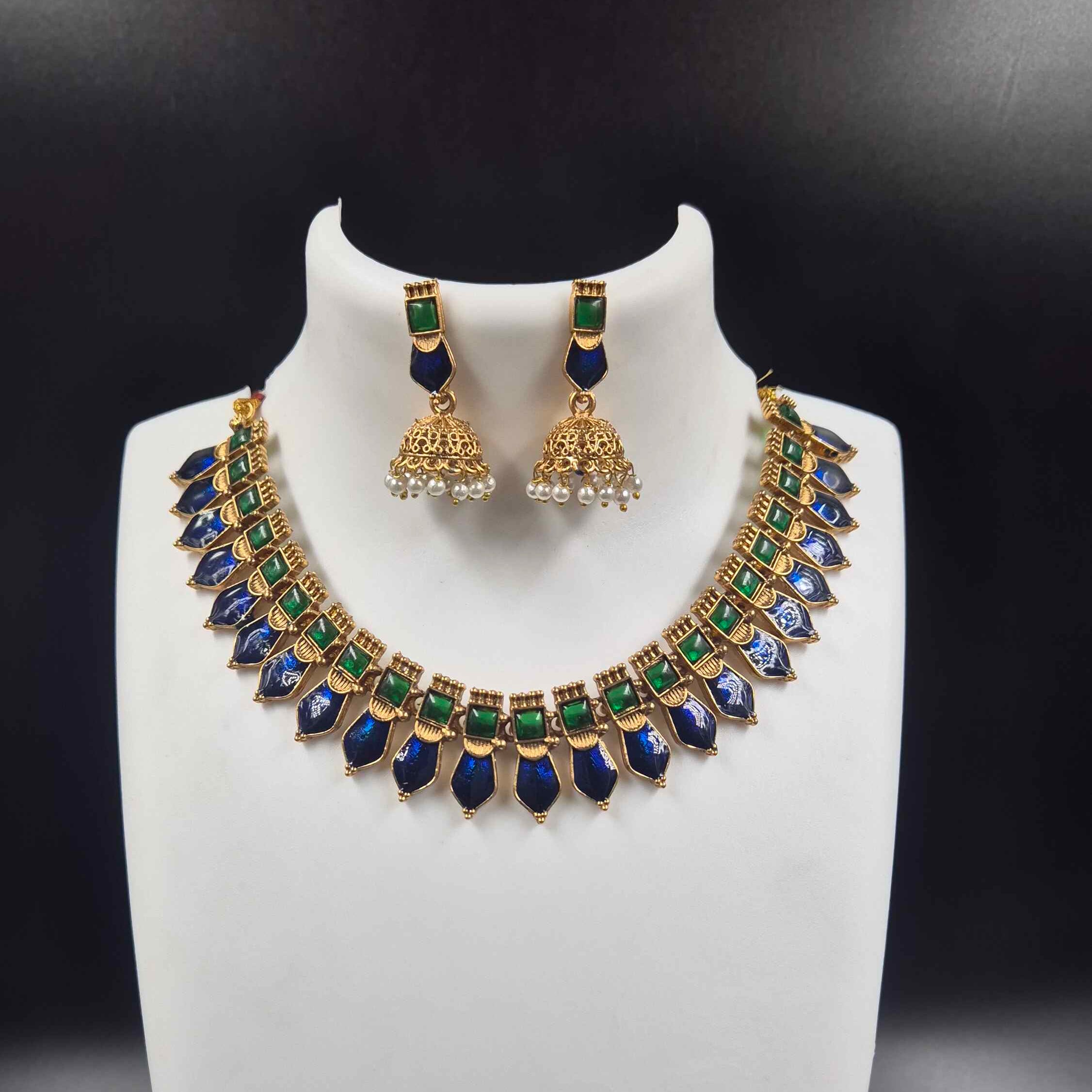 Royal Blue Palakka Necklace Set with Pearl Jhumka Earrings | Antique Gold Ethnic Jewelry