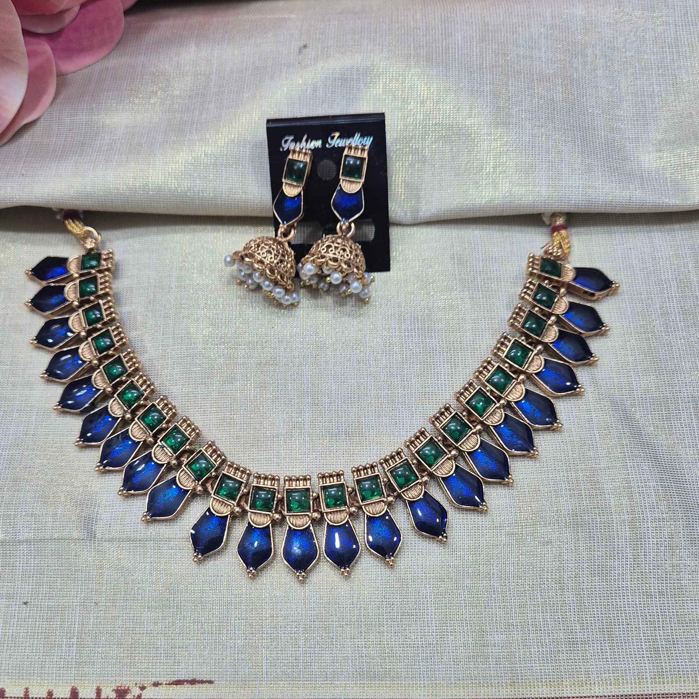 Royal Blue Palakka Necklace Set with Pearl Jhumka Earrings | Antique Gold Ethnic Jewelry