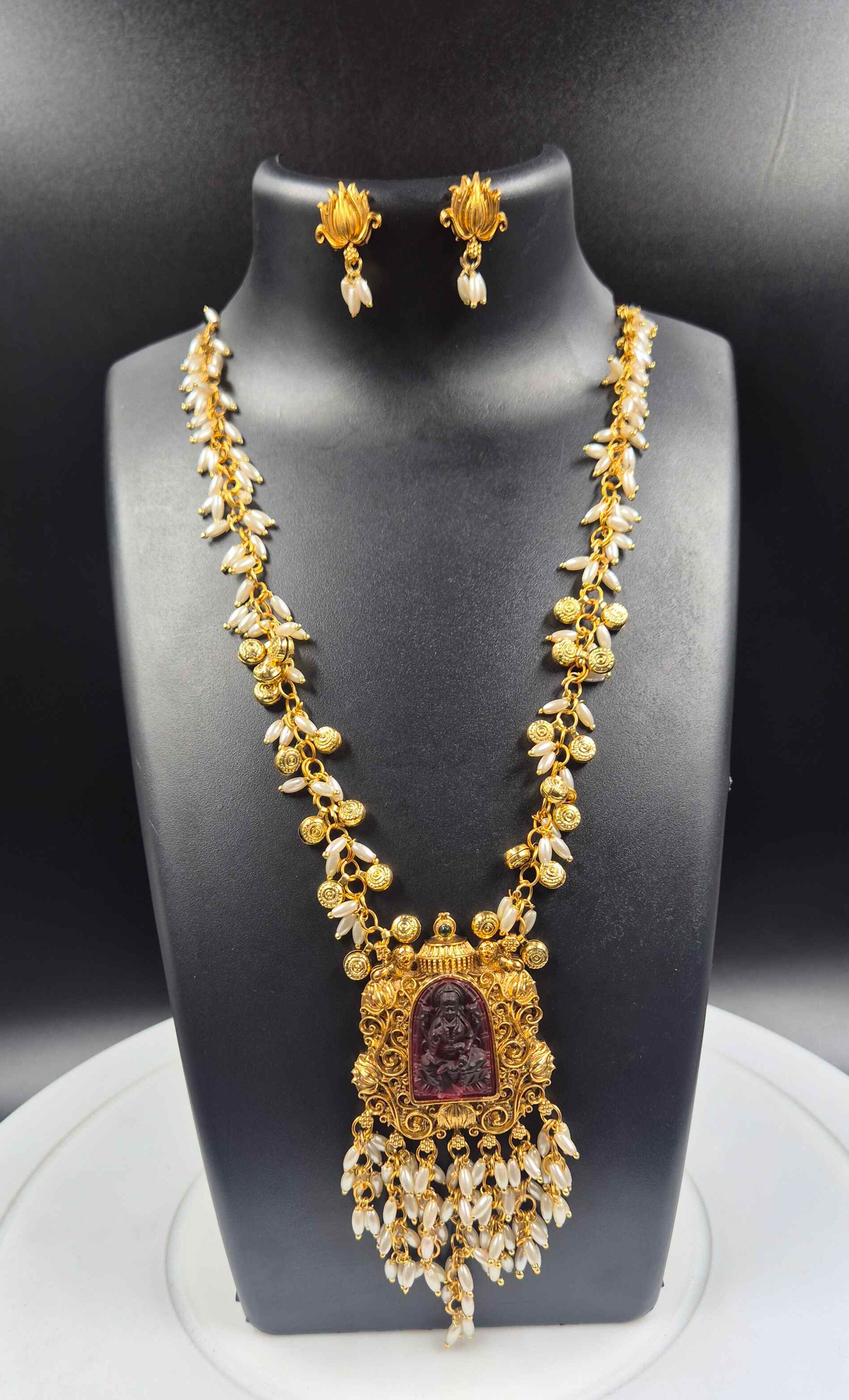 Antique Temple Long Necklace Set with Deity Pendant & Pearl Drops | Traditional South Indian Jewelry