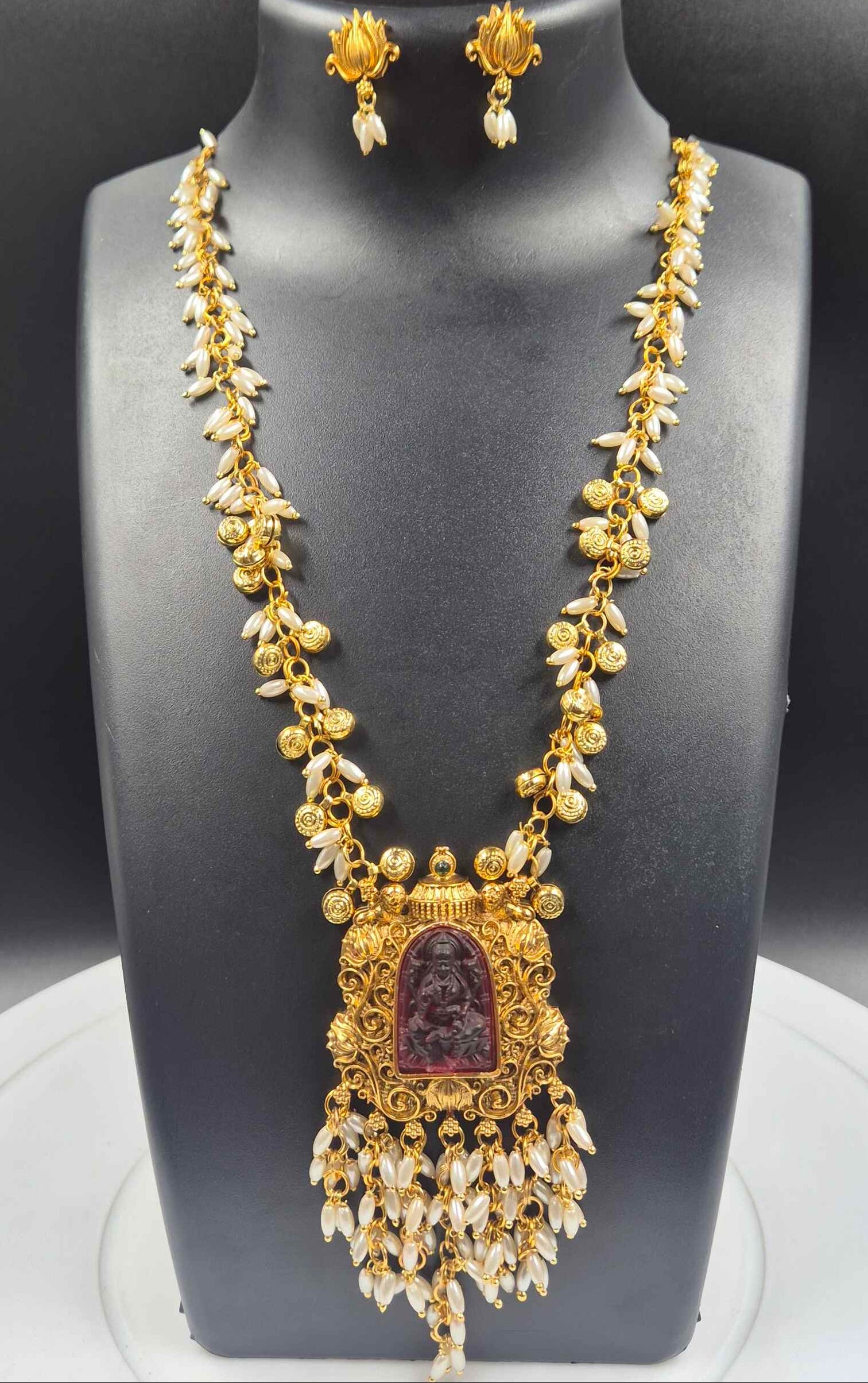 Antique Temple Long Necklace Set with Deity Pendant & Pearl Drops | Traditional South Indian Jewelry