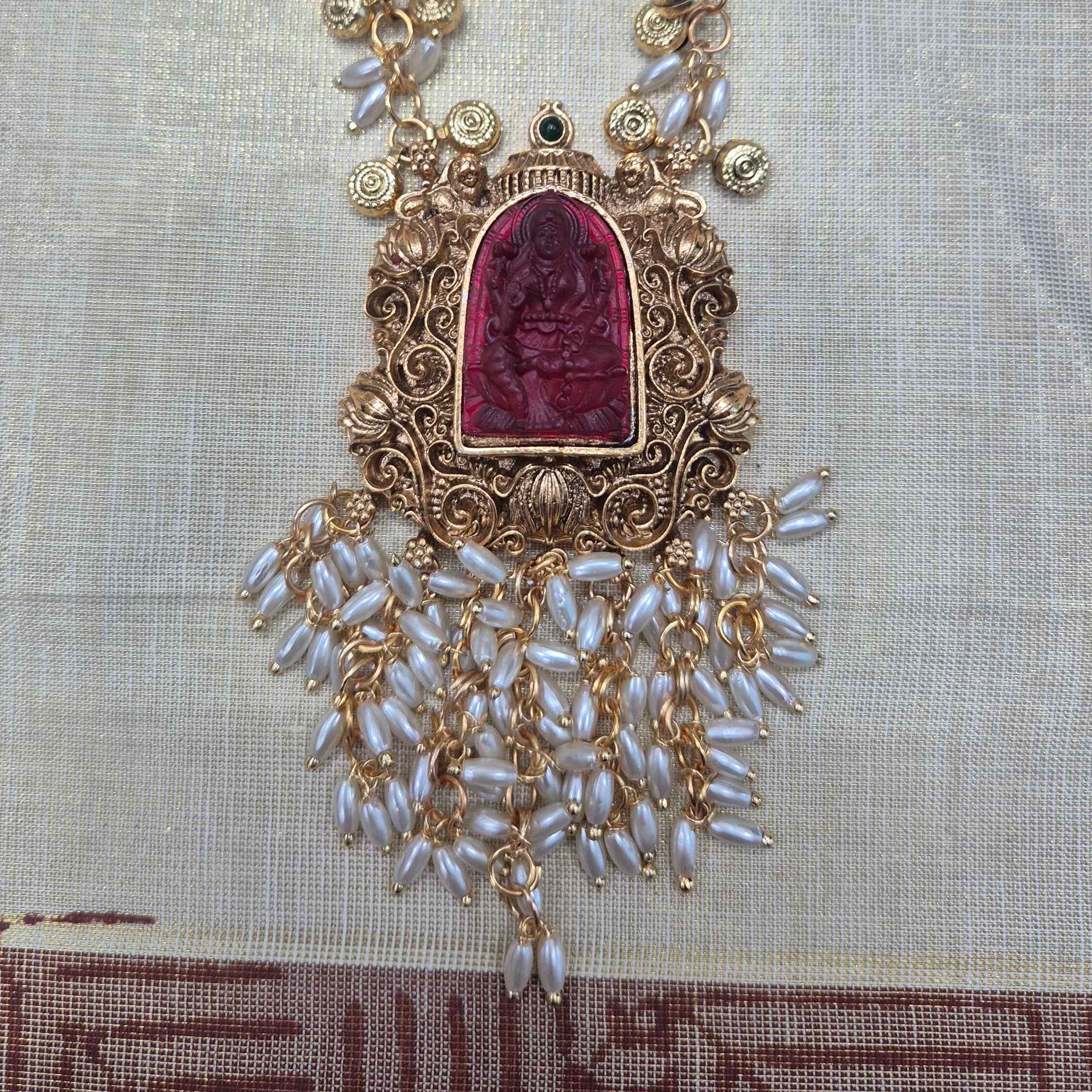 Antique Temple Long Necklace Set with Deity Pendant & Pearl Drops | Traditional South Indian Jewelry