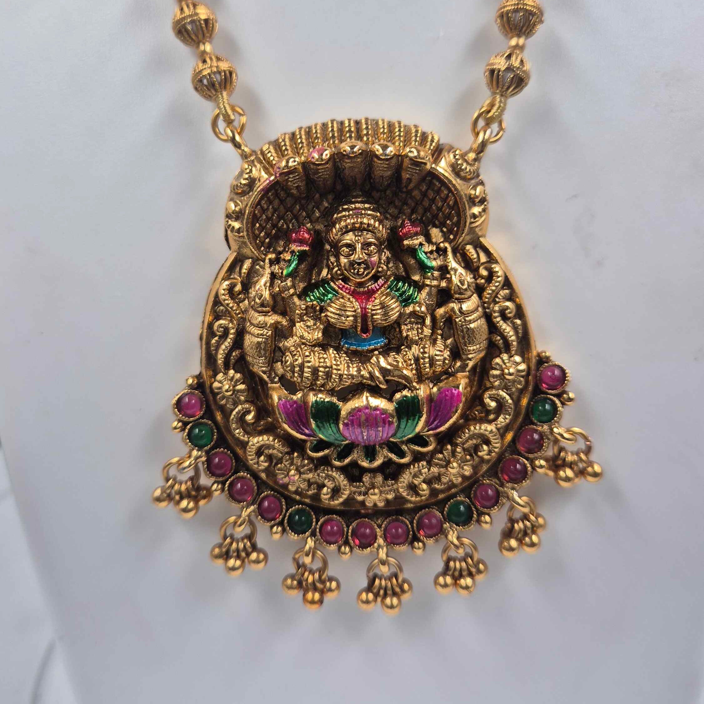 Antique Lakshmi Pendant Long Haram Necklace Set with Jhumka Earrings | Traditional Temple Jewelry