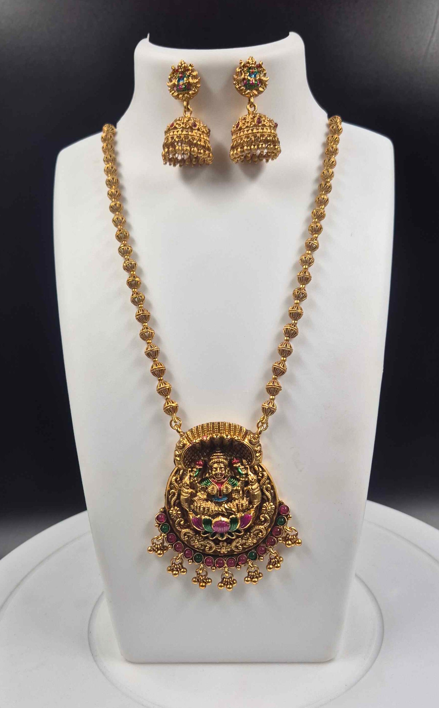 Antique Lakshmi Pendant Long Haram Necklace Set with Jhumka Earrings | Traditional Temple Jewelry