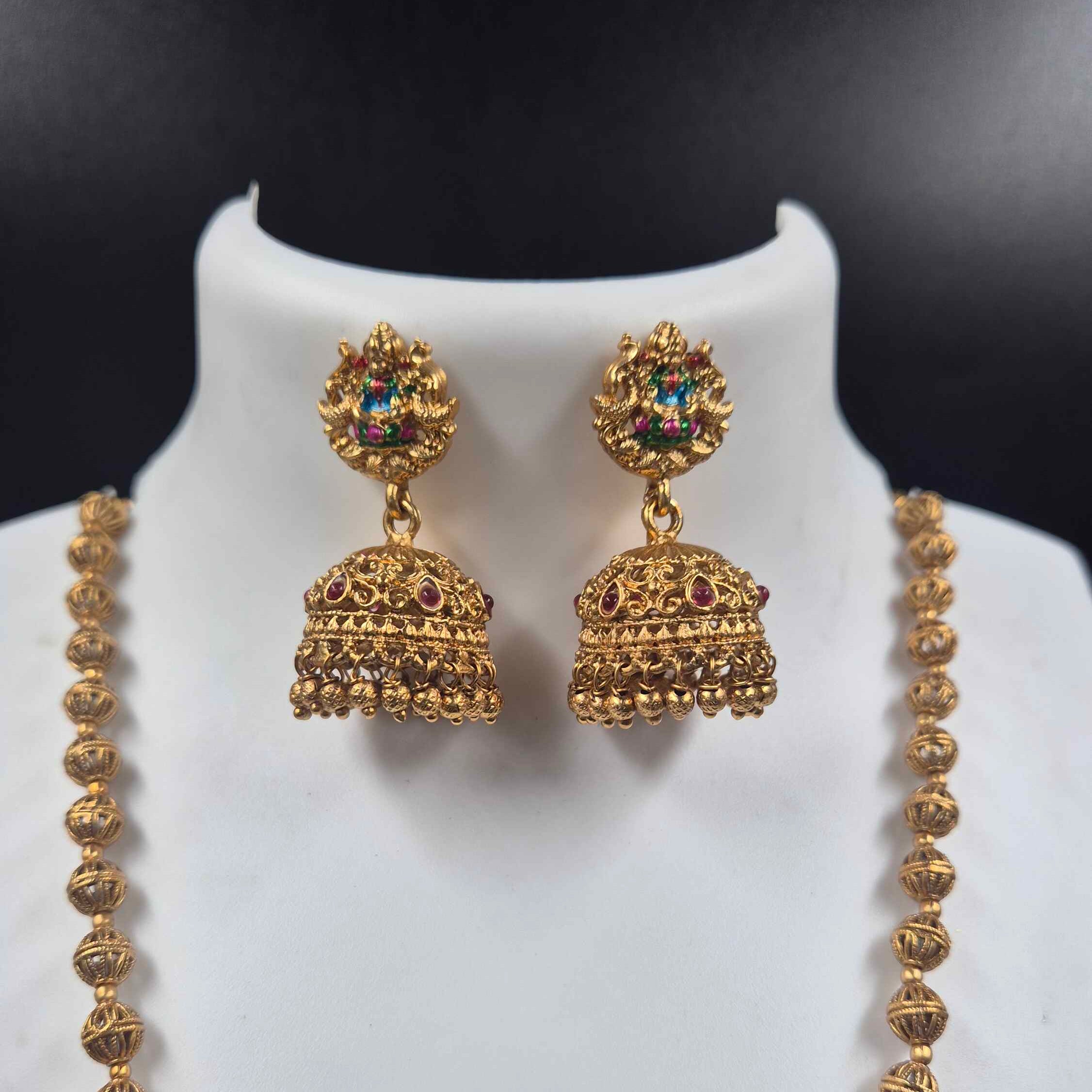 Antique Lakshmi Pendant Long Haram Necklace Set with Jhumka Earrings | Traditional Temple Jewelry