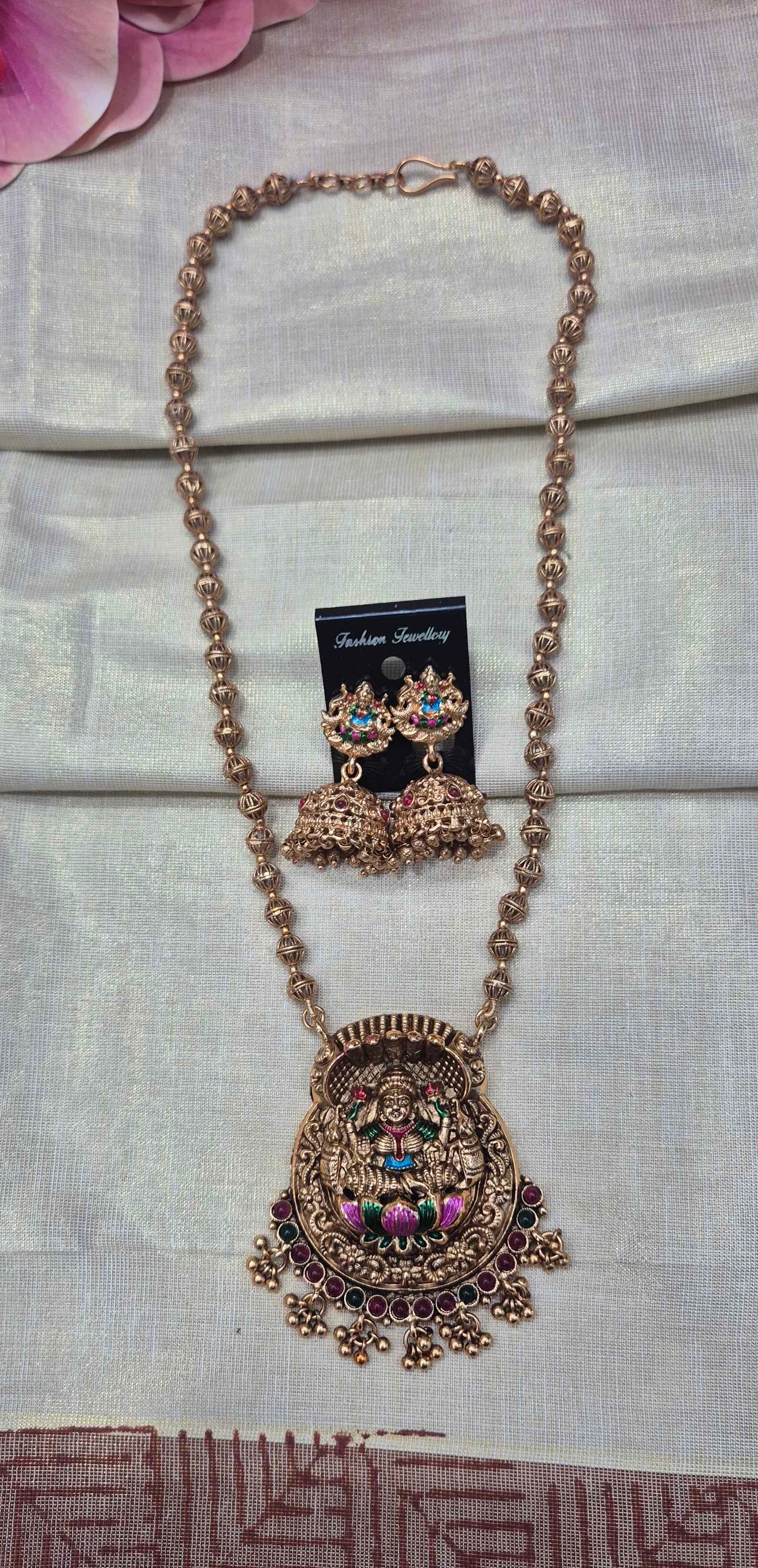Antique Lakshmi Pendant Long Haram Necklace Set with Jhumka Earrings | Traditional Temple Jewelry