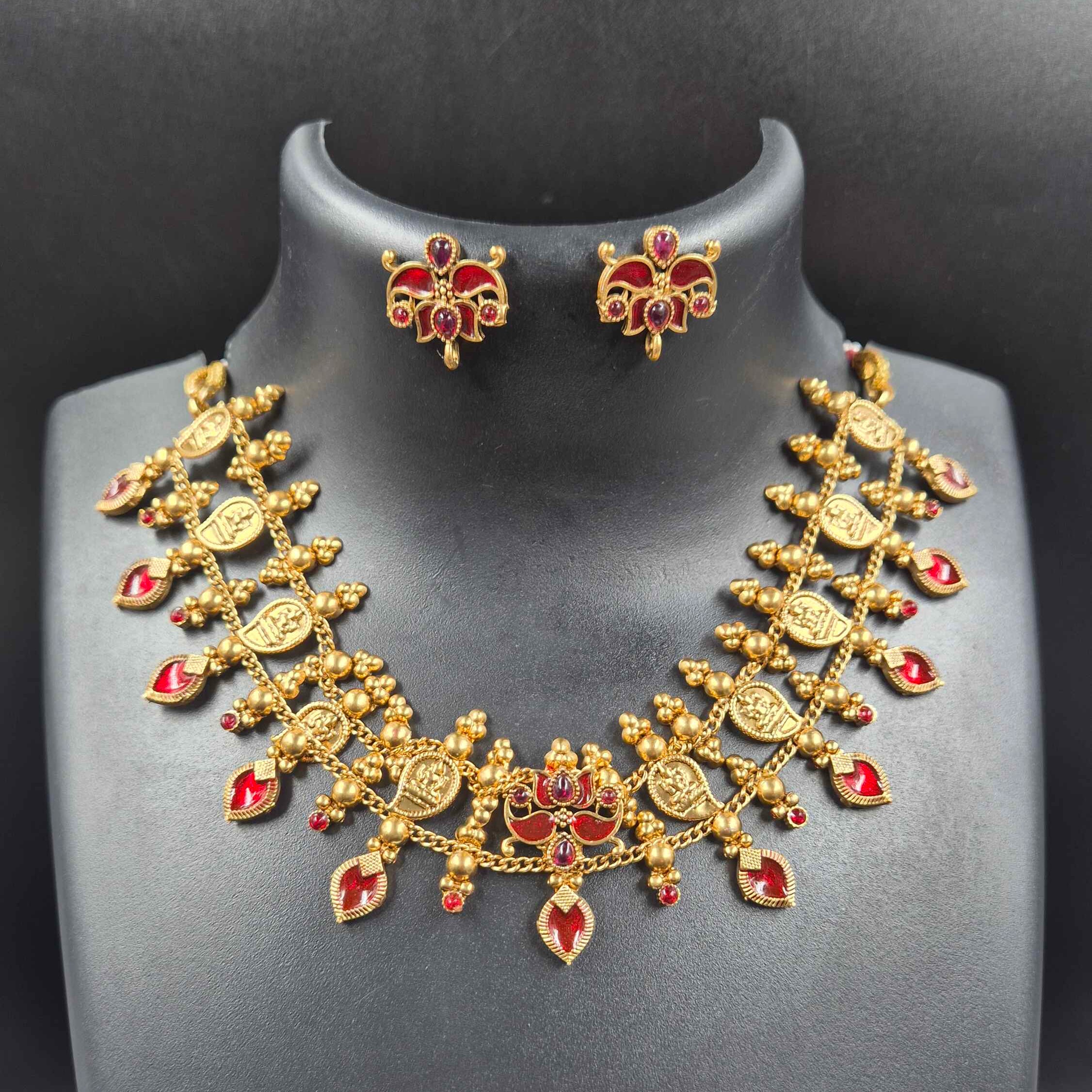 Fusion  Lakshmi Coin and red palakka Choker Set with  earrings | Traditional Temple Jewelry for Women