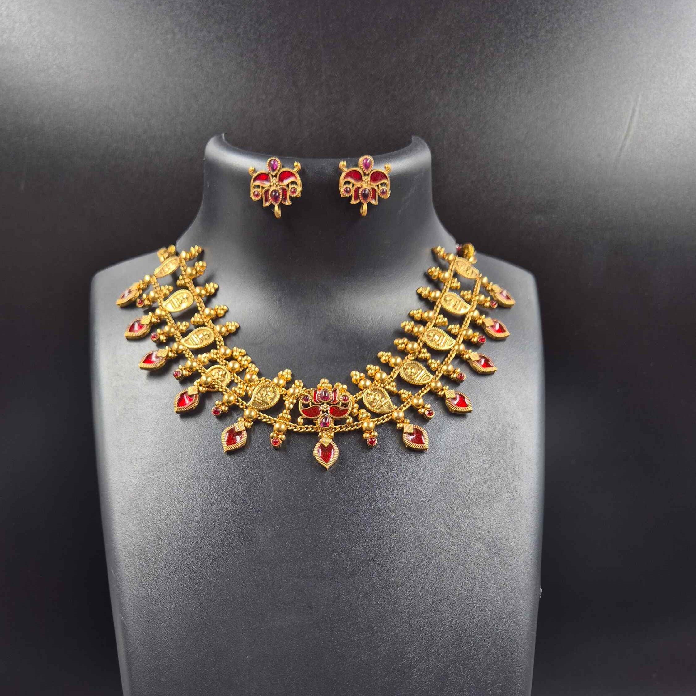 Fusion  Lakshmi Coin and red palakka Choker Set with  earrings | Traditional Temple Jewelry for Women