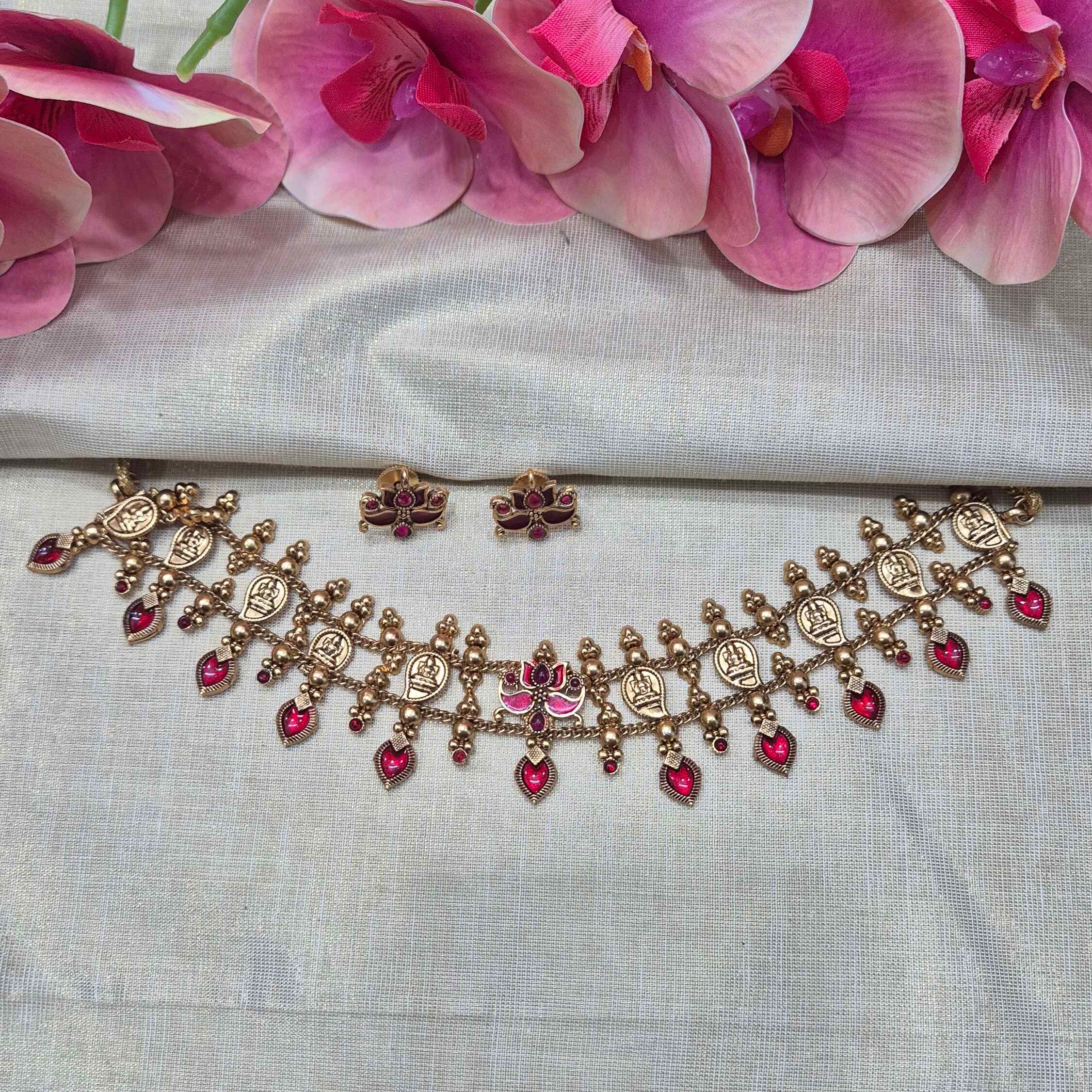 Fusion  Lakshmi Coin and red palakka Choker Set with  earrings | Traditional Temple Jewelry for Women