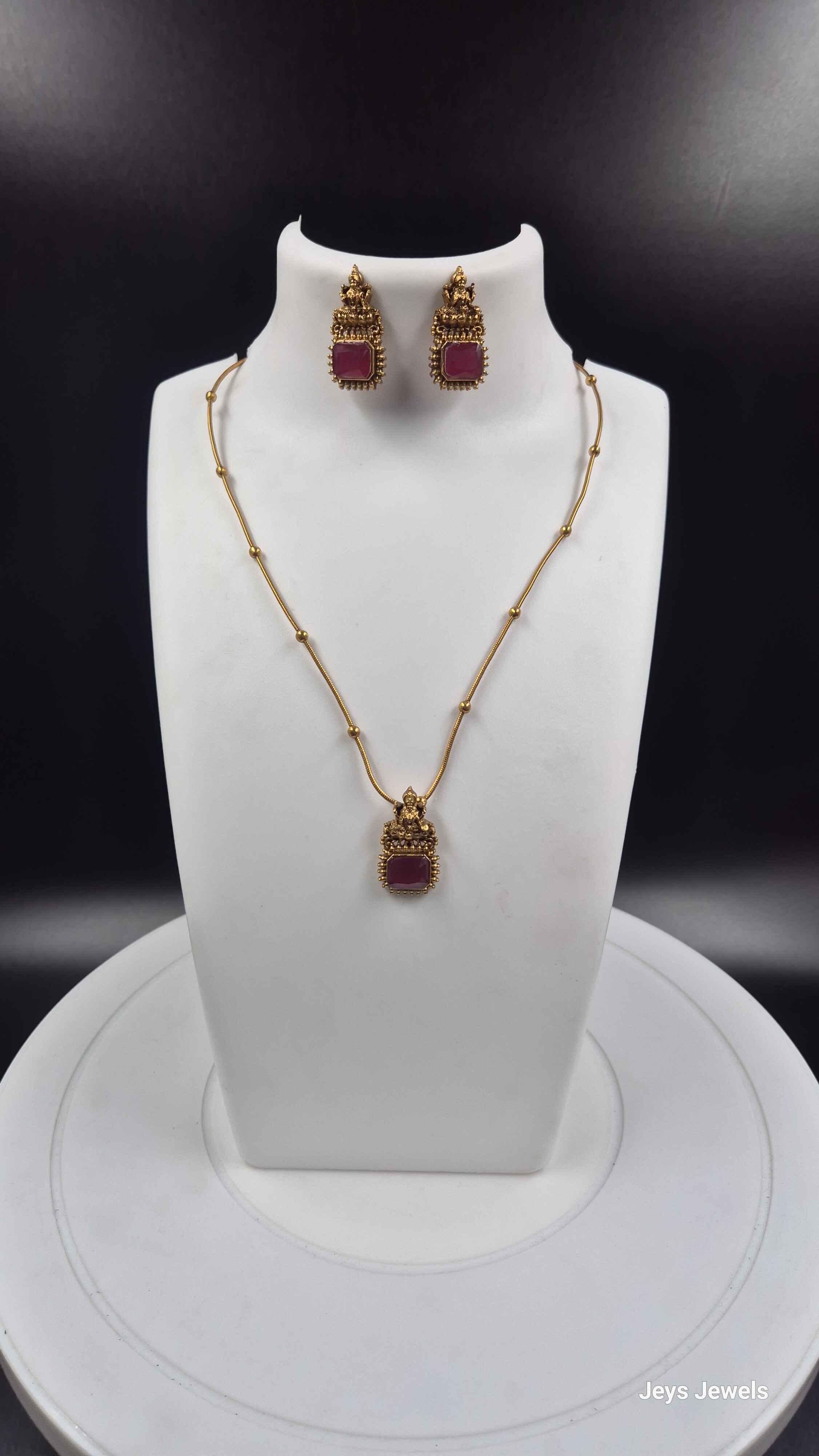 Minimal Temple Pendant Necklace Set with Ruby Stone & Lakshmi Motif | Antique Gold Traditional Jewelry