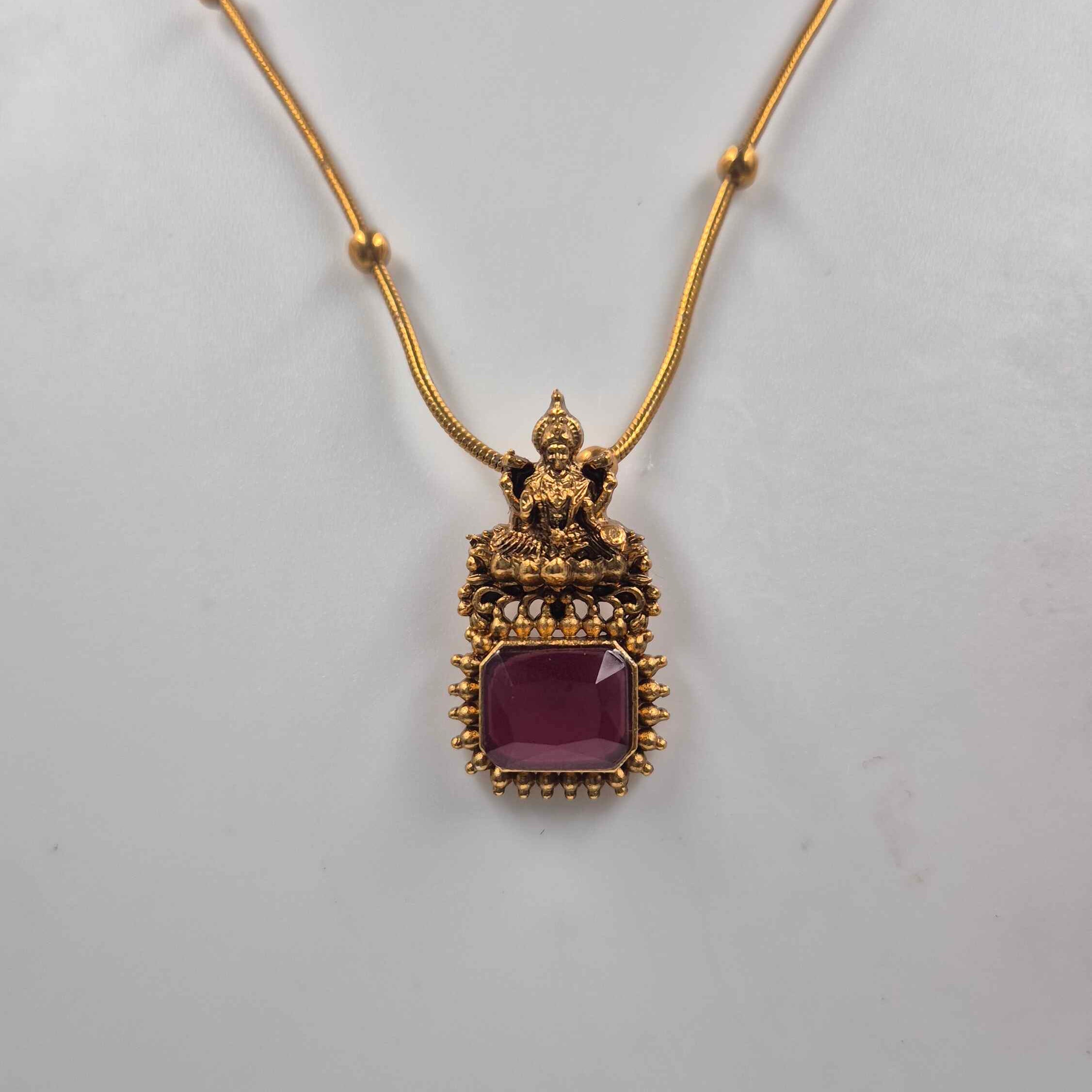 Minimal Temple Pendant Necklace Set with Ruby Stone & Lakshmi Motif | Antique Gold Traditional Jewelry