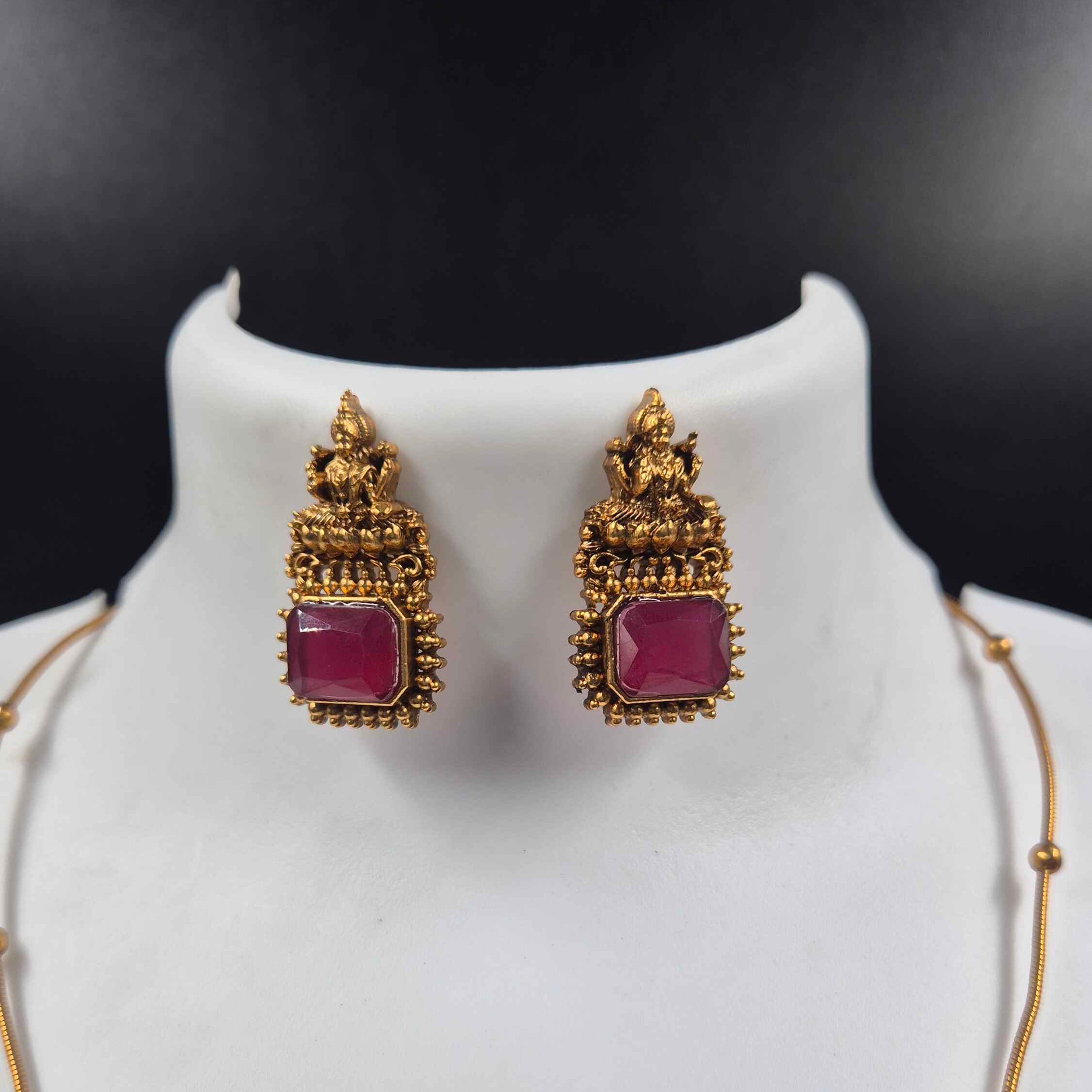 Minimal Temple Pendant Necklace Set with Ruby Stone & Lakshmi Motif | Antique Gold Traditional Jewelry