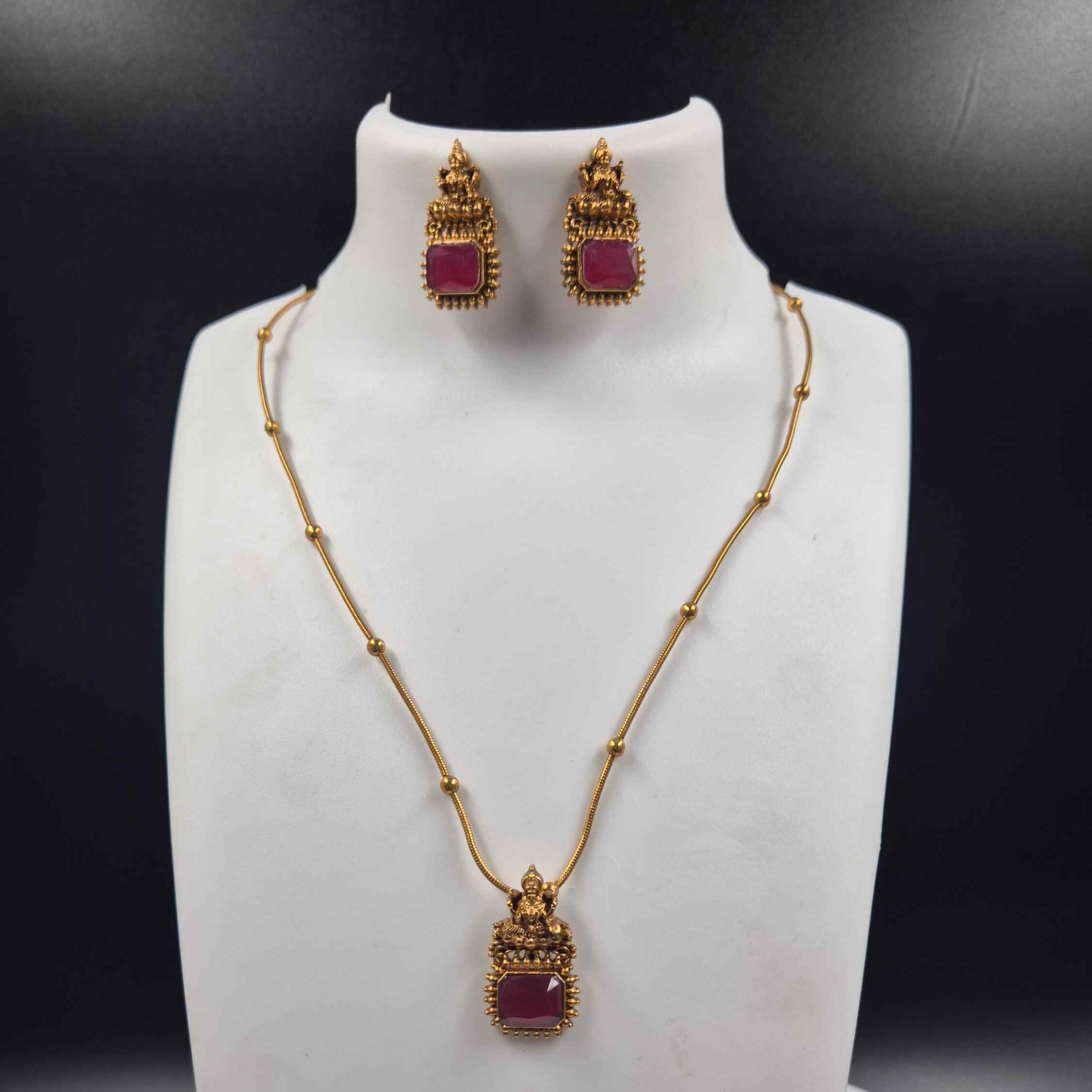 Minimal Temple Pendant Necklace Set with Ruby Stone & Lakshmi Motif | Antique Gold Traditional Jewelry